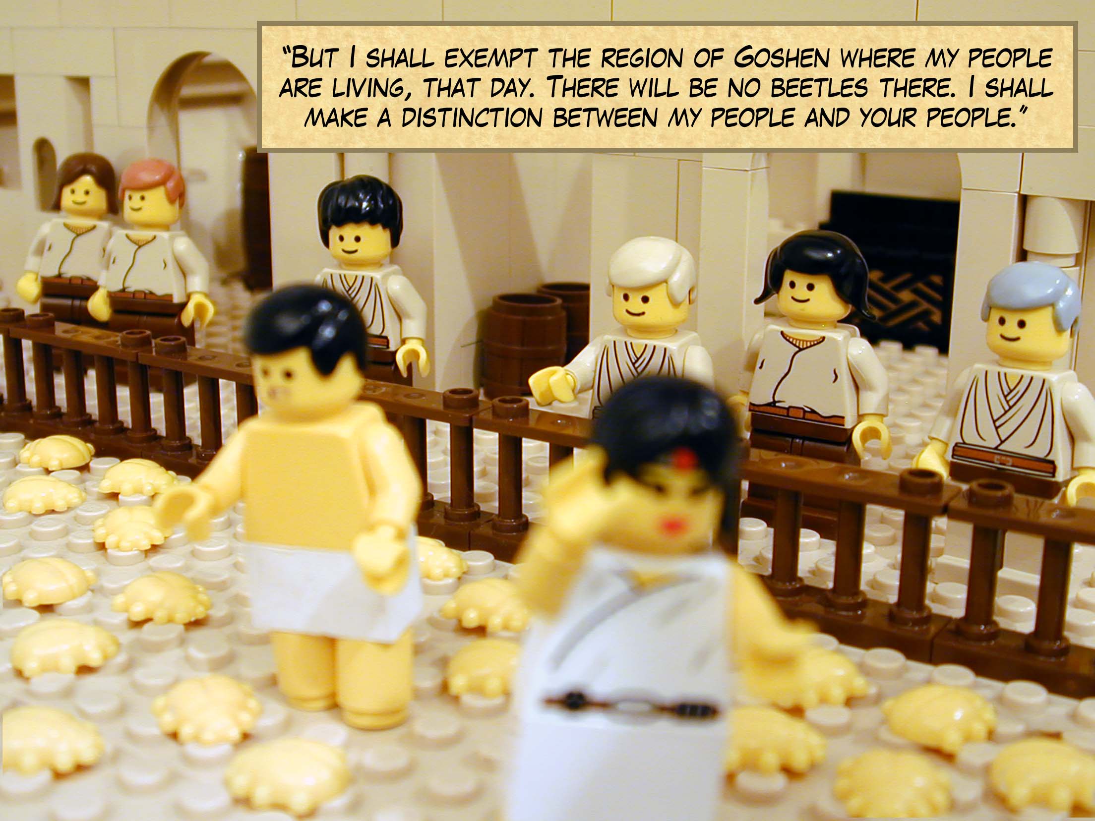 But I shall exempt the region of Goshen where my people are living, that day. There will be no beetles there. I shall make a distinction between my people and your people.