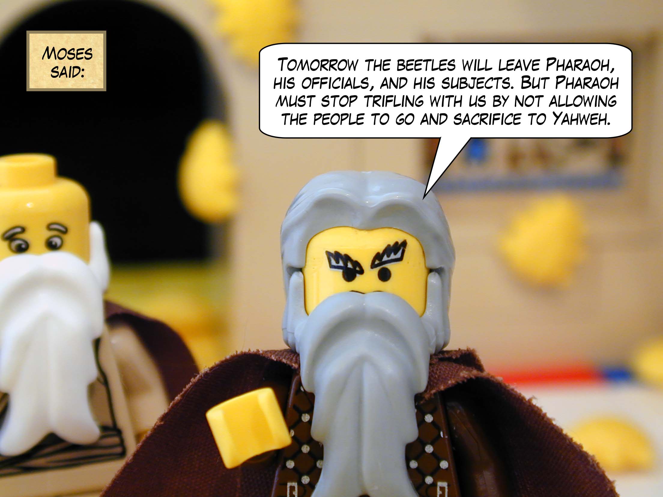 Moses said, "Tomorrow the beetles will leave Pharaoh, his officials, and his subjects. But Pharaoh must stop trifling with us by not allowing the people to go and sacrifice to Yahweh."