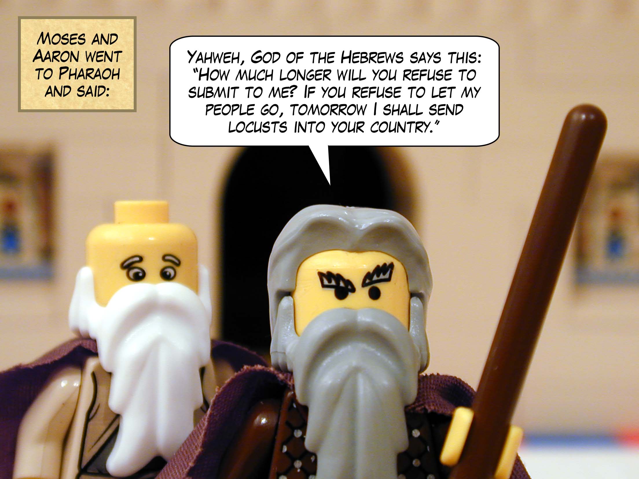Moses and Aaron went to Pharaoh and said, 'Yahweh, God of the Hebrews says this: How much longer will you refuse to submit to me? If you refuse to let my people go, tomorrow I shall send locusts into your country.'