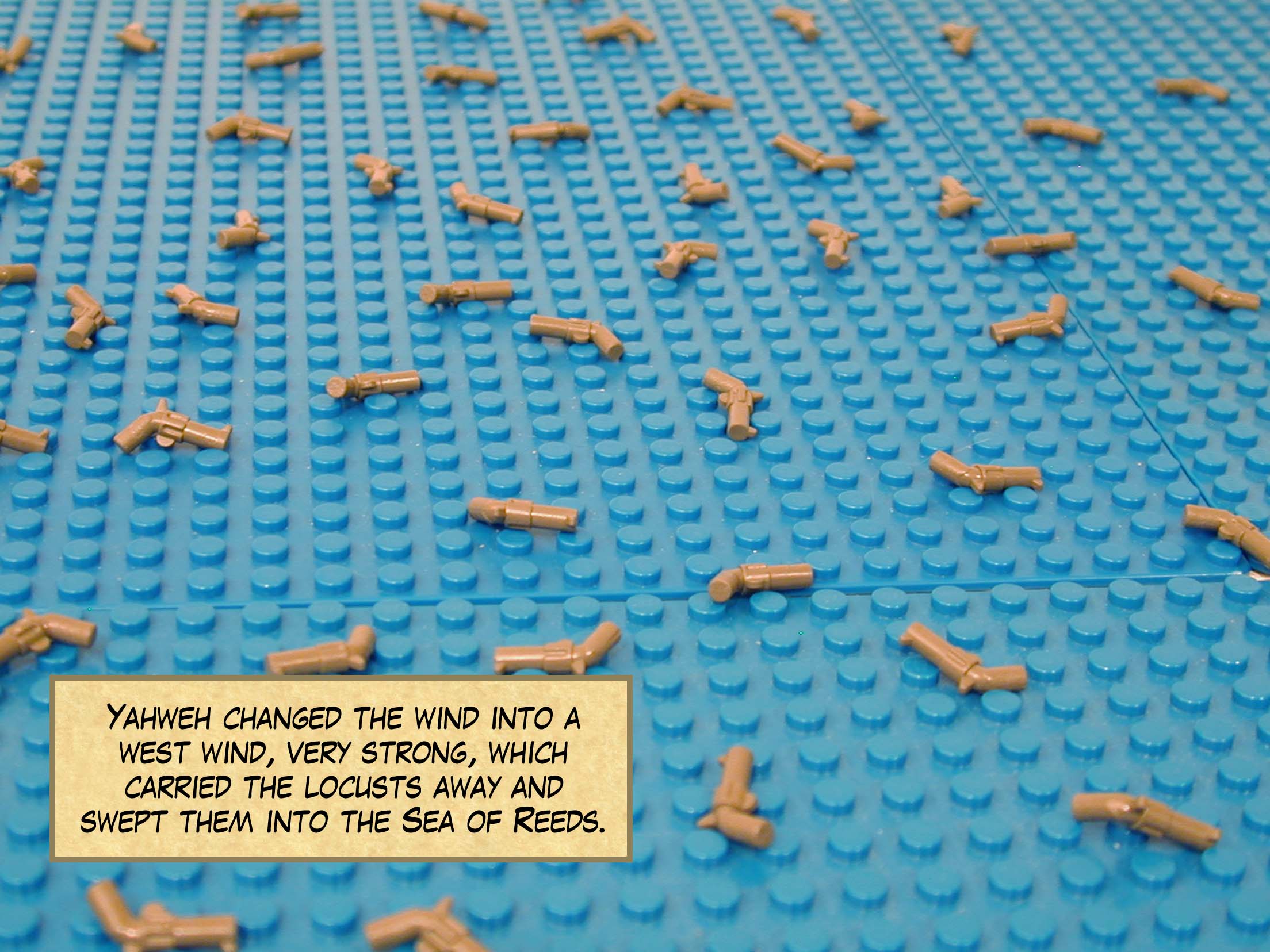 Yahweh changed the wind into a west wind, very strong, which carried the locusts away and swept them into the Sea of Reeds.