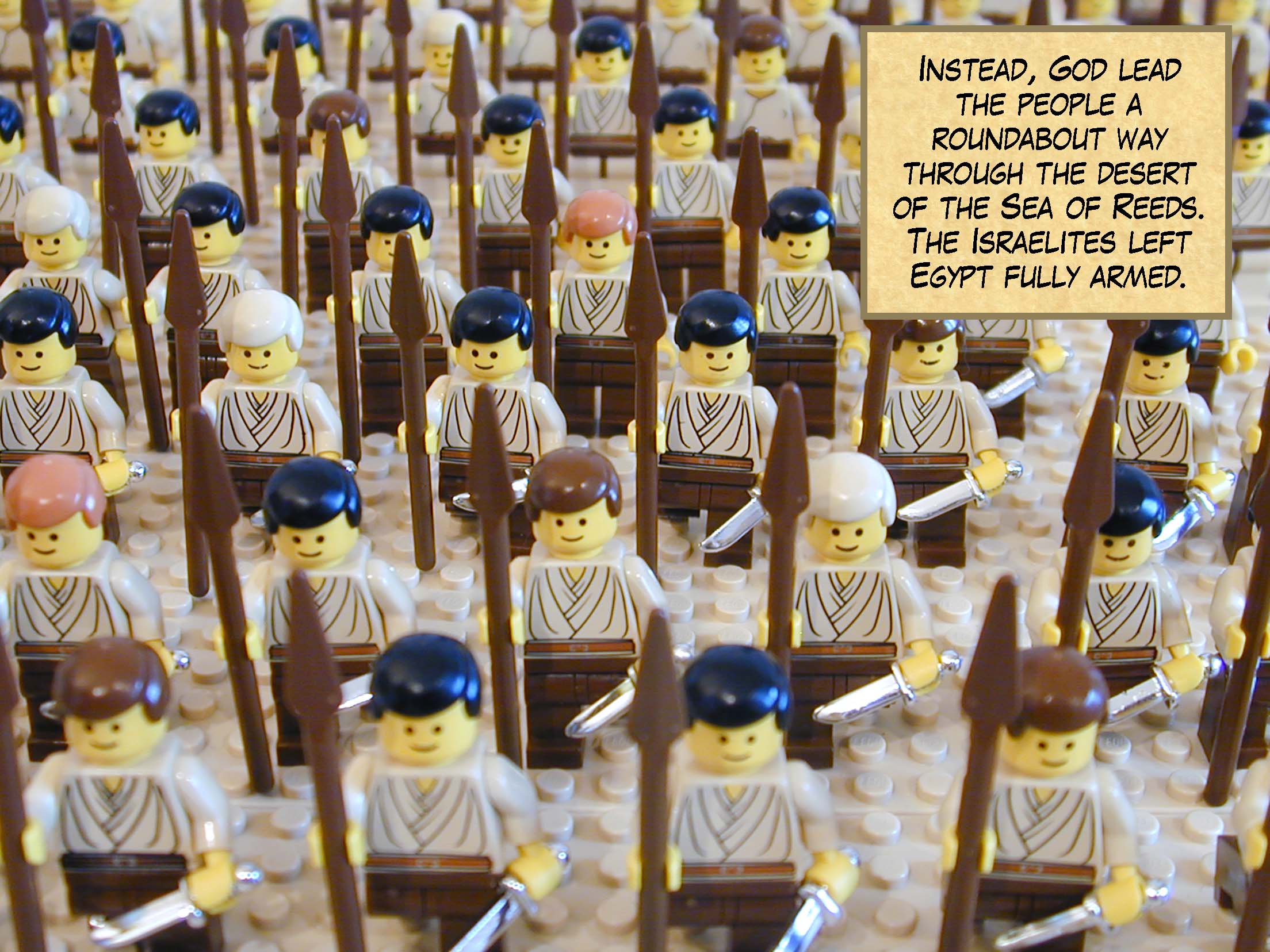 Instead, God lead the people a roundabout way through the desert of the Sea of Reeds. The Israelites left Egypt fully armed.