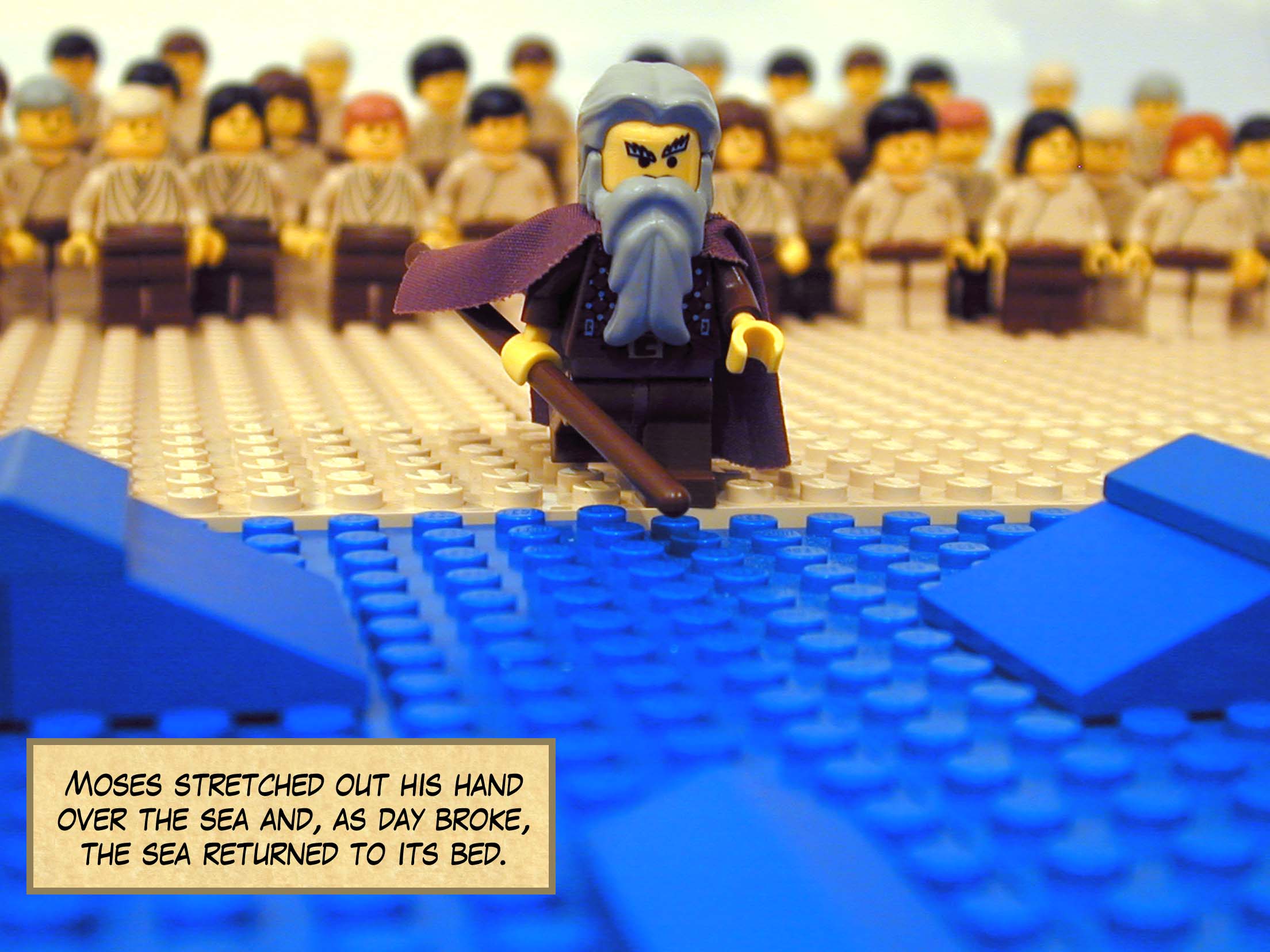 Moses stretched out his hand over the sea and, as day broke, the sea returned to its bed.