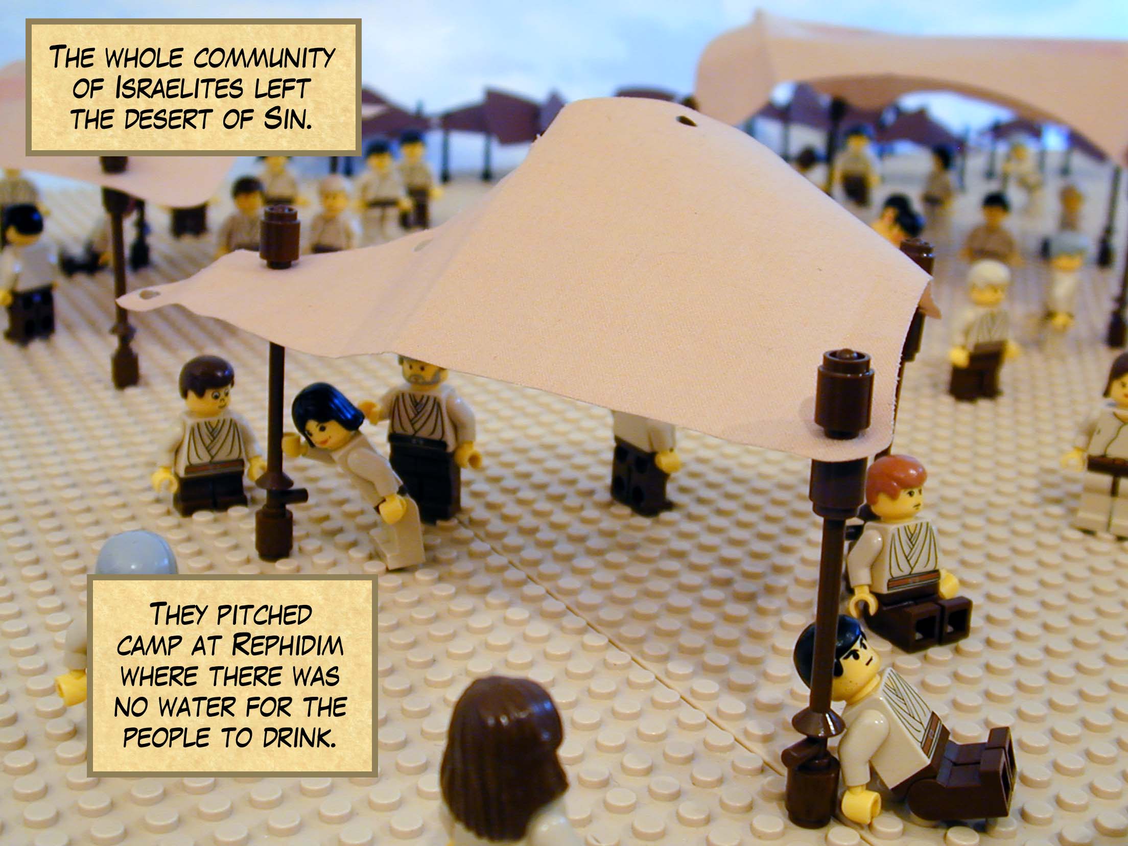 The whole community of Israelites left the desert of Sin. They pitched camp at Rephidim where there was no water for the people to drink.