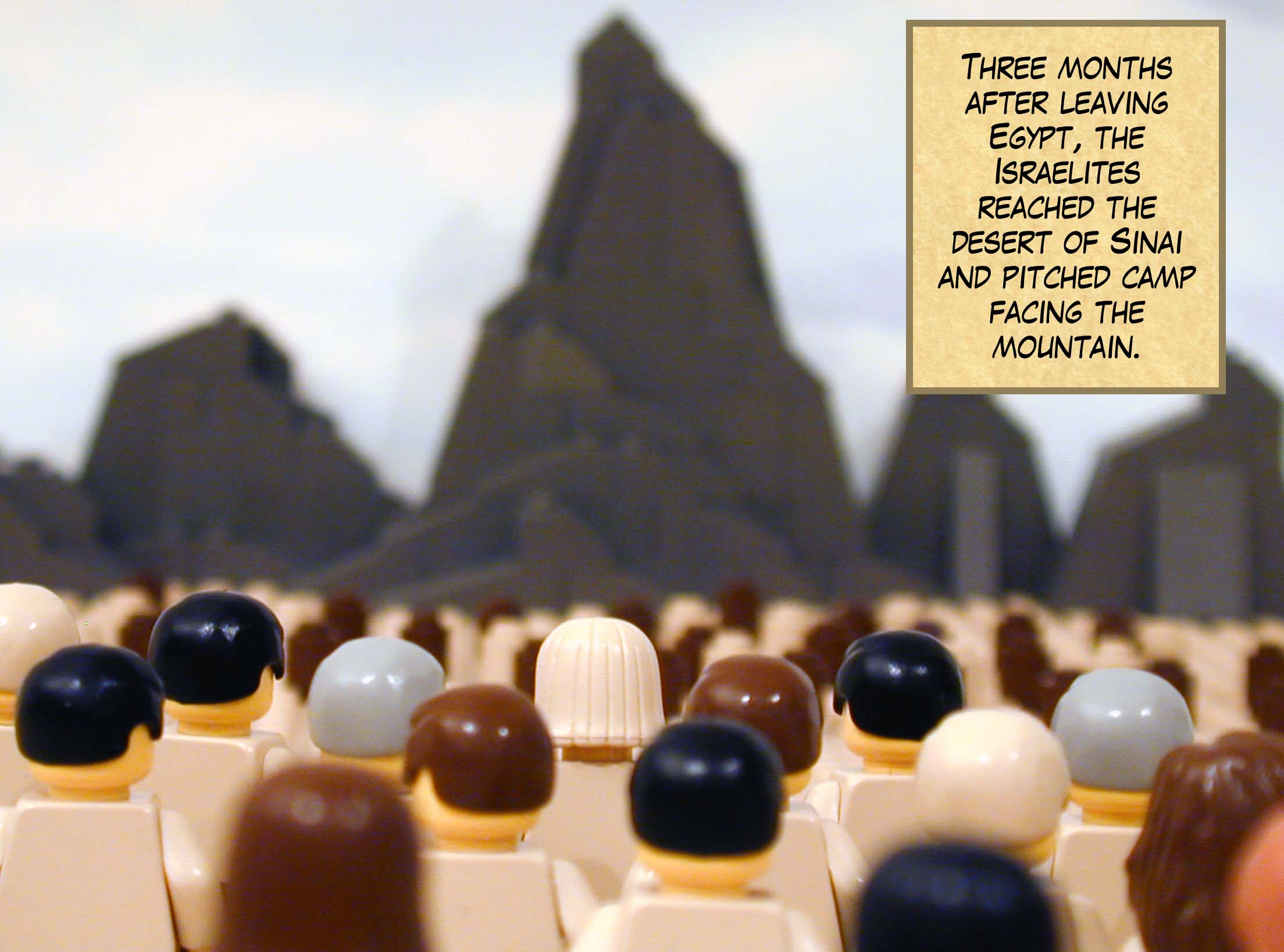 Three months after leaving Egypt, the Israelites reached the desert of Sinai and pitched camp facing the mountain.