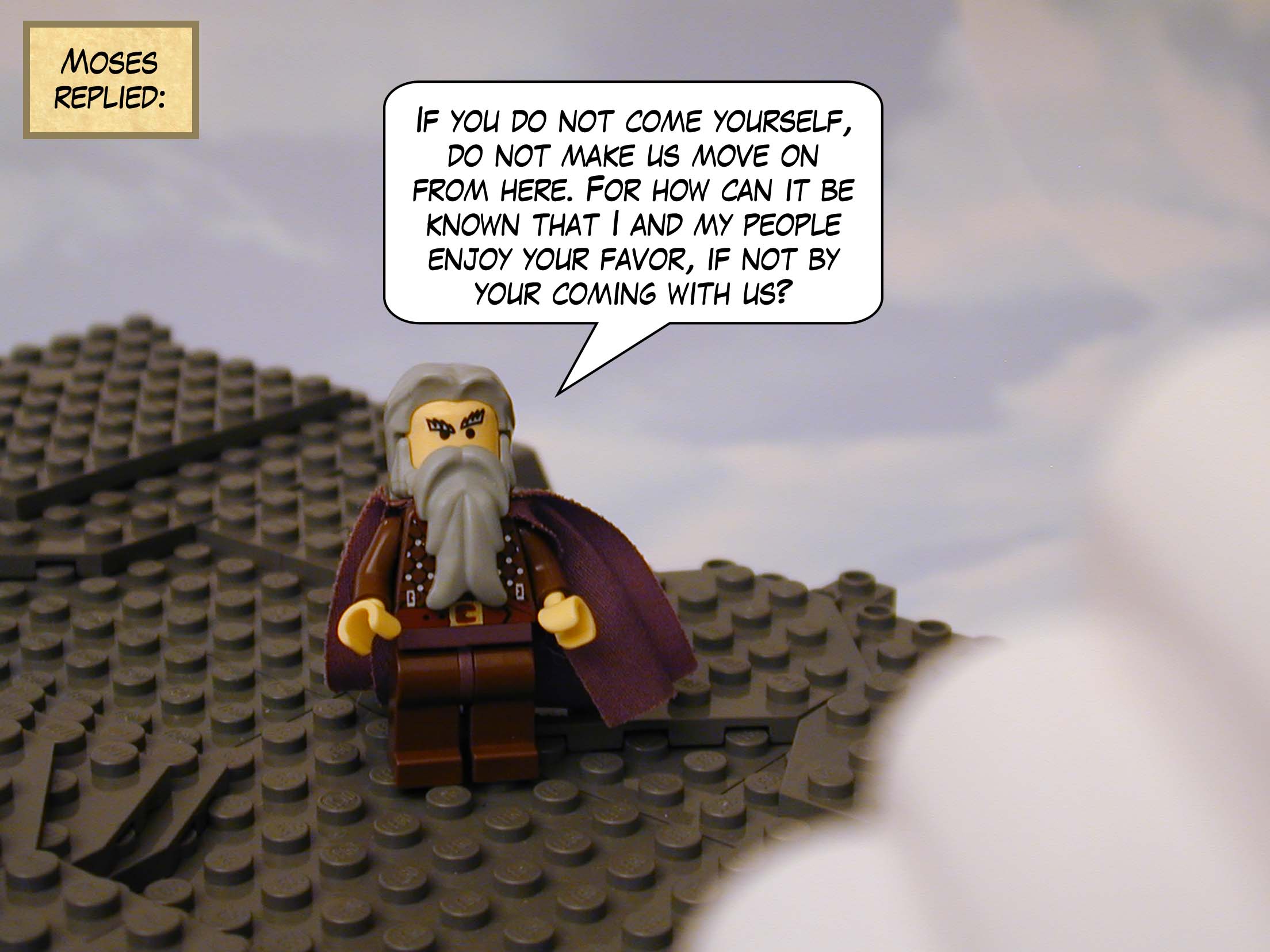 Moses replied: "If you do not come yourself, do not make us move on from here. For how can it be known that I and my people enjoy your favor, if not by your coming with us?"