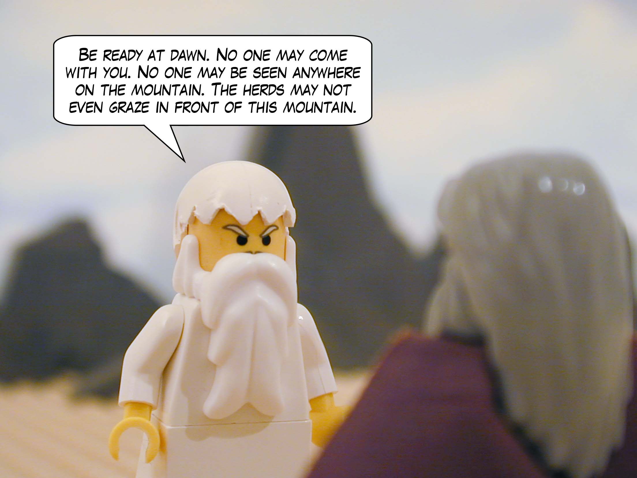 "Be ready at dawn. No one may come with you. No one may be seen anywhere on the mountain. The herds may not even graze in front of this mountain."