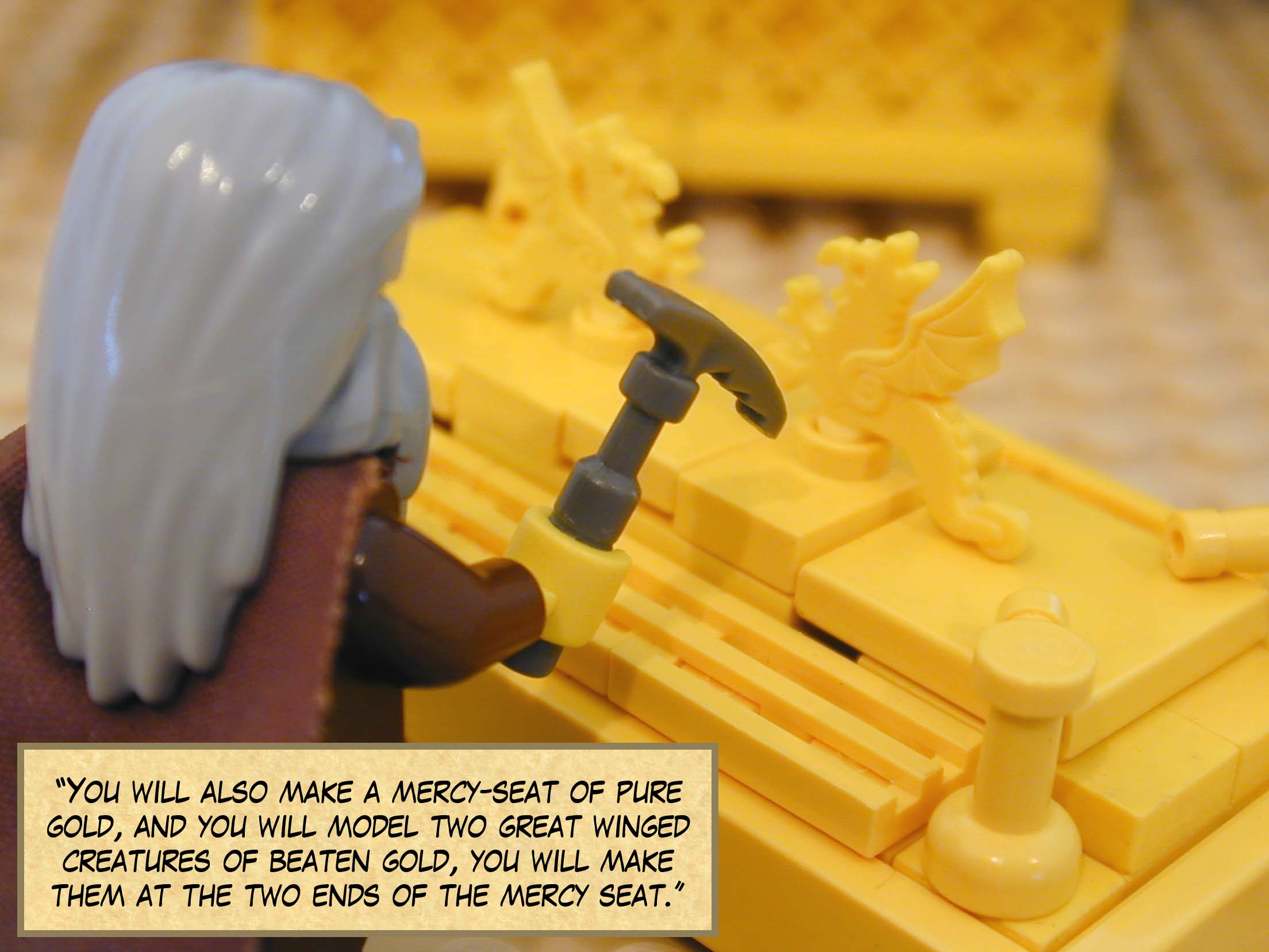 "You will also make a mercy-seat of pure gold, and you will model two great winged creatures of beaten gold, you will make them at the two ends of the mercy-seat."