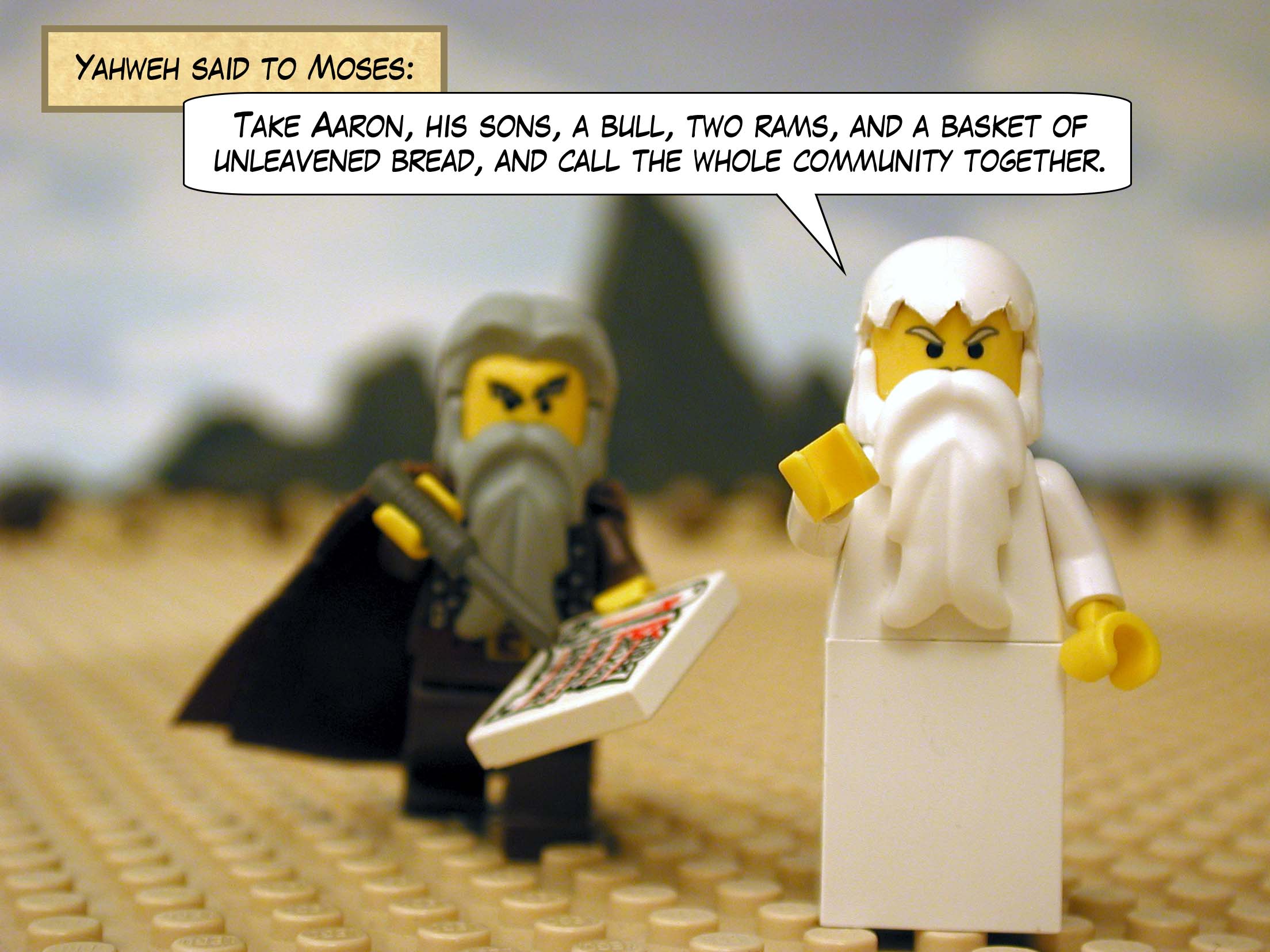 Yahweh spoke to Moses and said, 'Take Aaron, his sons, a bull, two rams, and a basket of unleavened bread, and call the whole community together.'