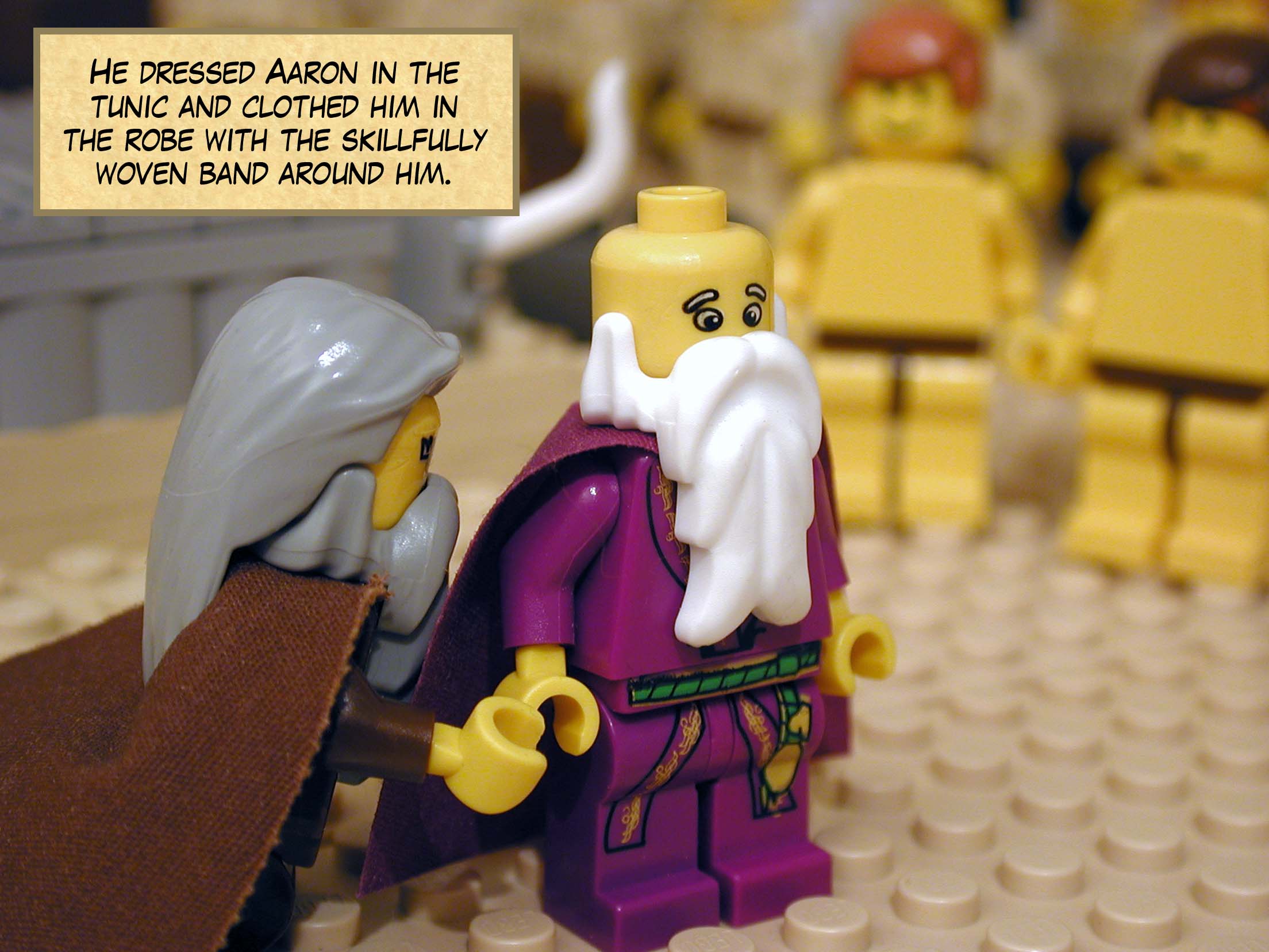 He dressed Aaron in the tunic and clothed him in the robe with the skillfully woven band around him.