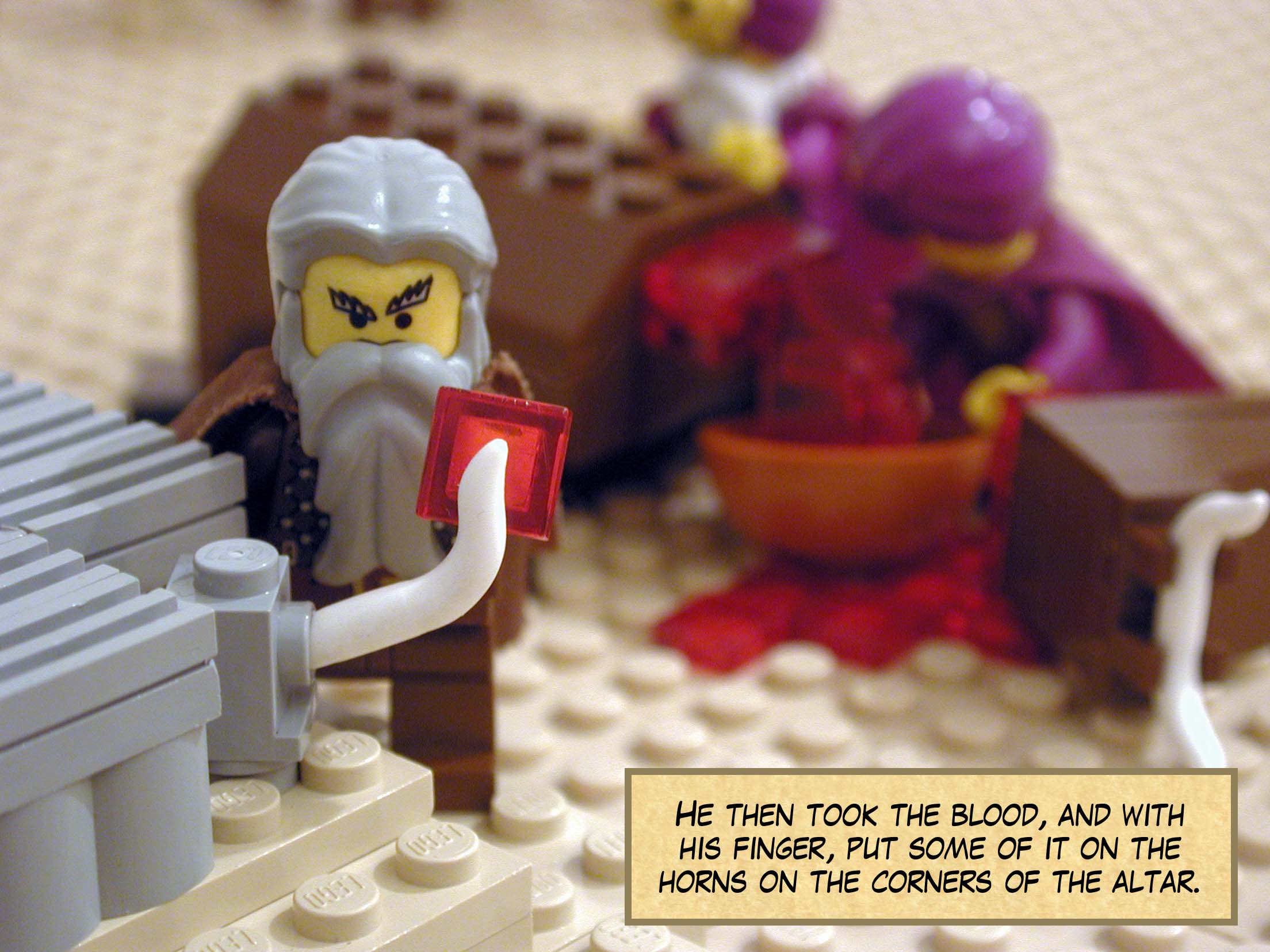 He then took the blood, and with his finger, put some of it on the horns on the corners of the altar.