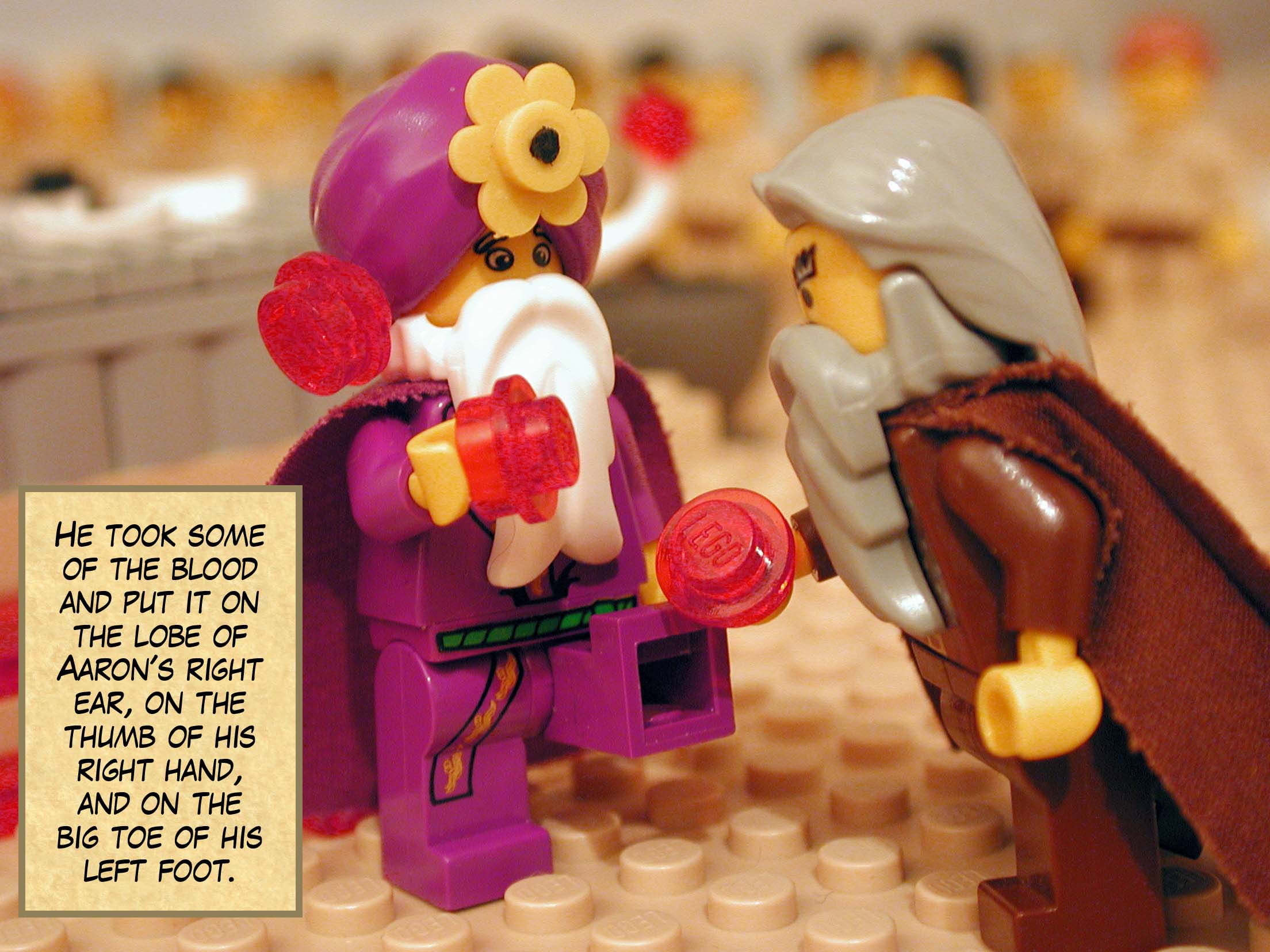 He took some of the blood and put it on the lobe of Aaron's right ear, on the thumb of his right hand, and on the big toe of his left foot.