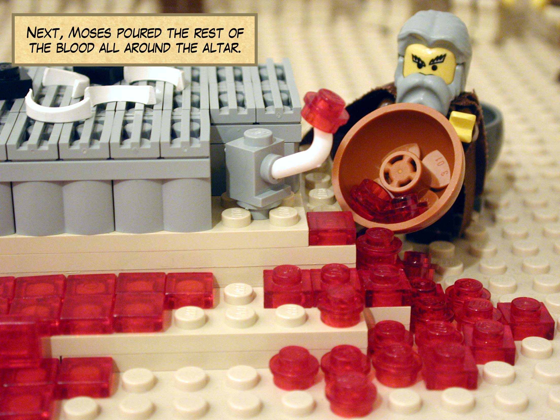 Next, Moses poured the rest of the blood all around the altar.