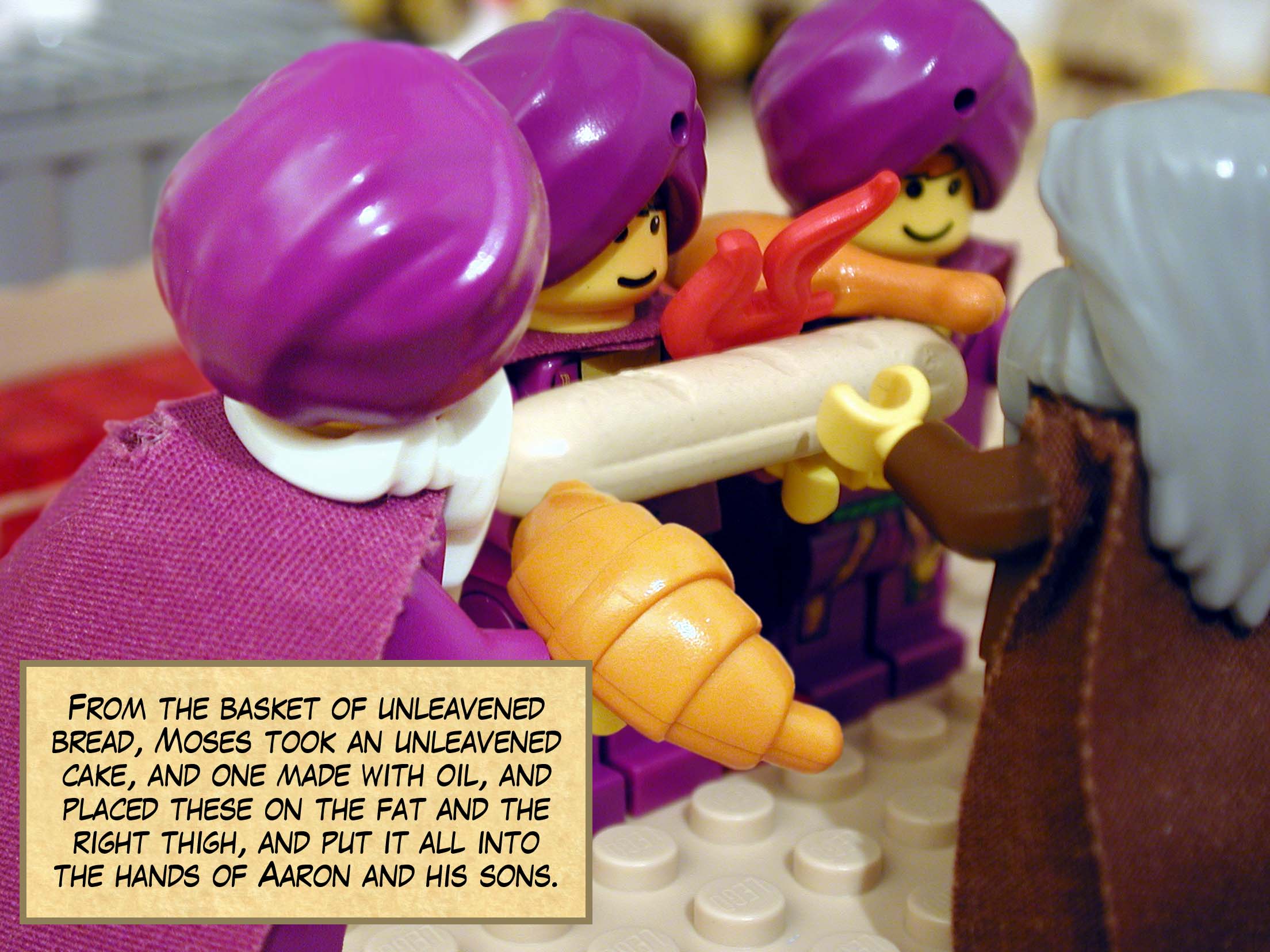 From the basket of unleavened bread, Moses took an unleavened cake, and one made with oil, and placed these on the fat and the right thigh, and put it all into the hands of Aaron and his sons.