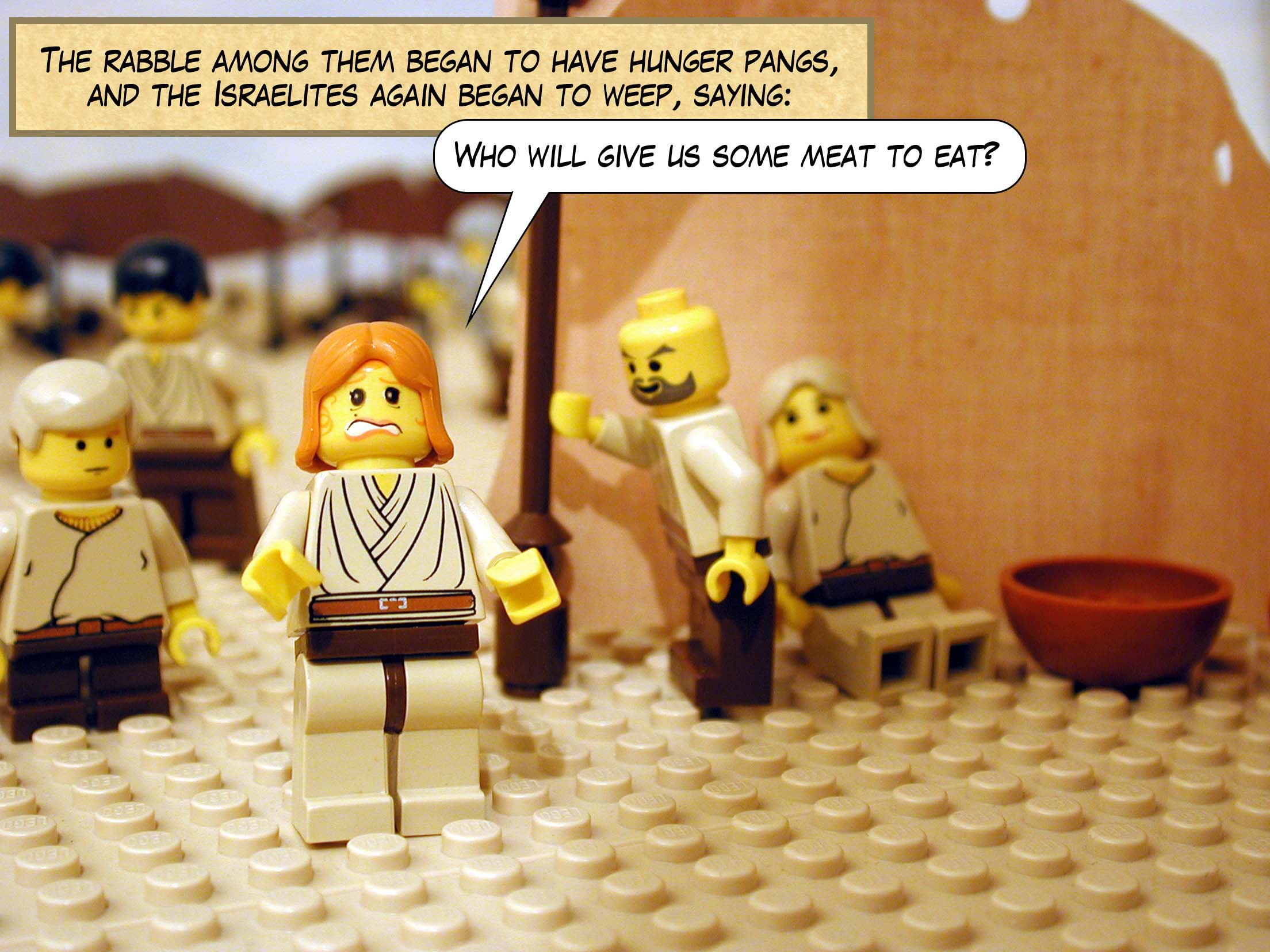 The rabble among them began to have hunger pangs, and the Israelites again began to weep. 'Who will give us some meat to eat?' they said.