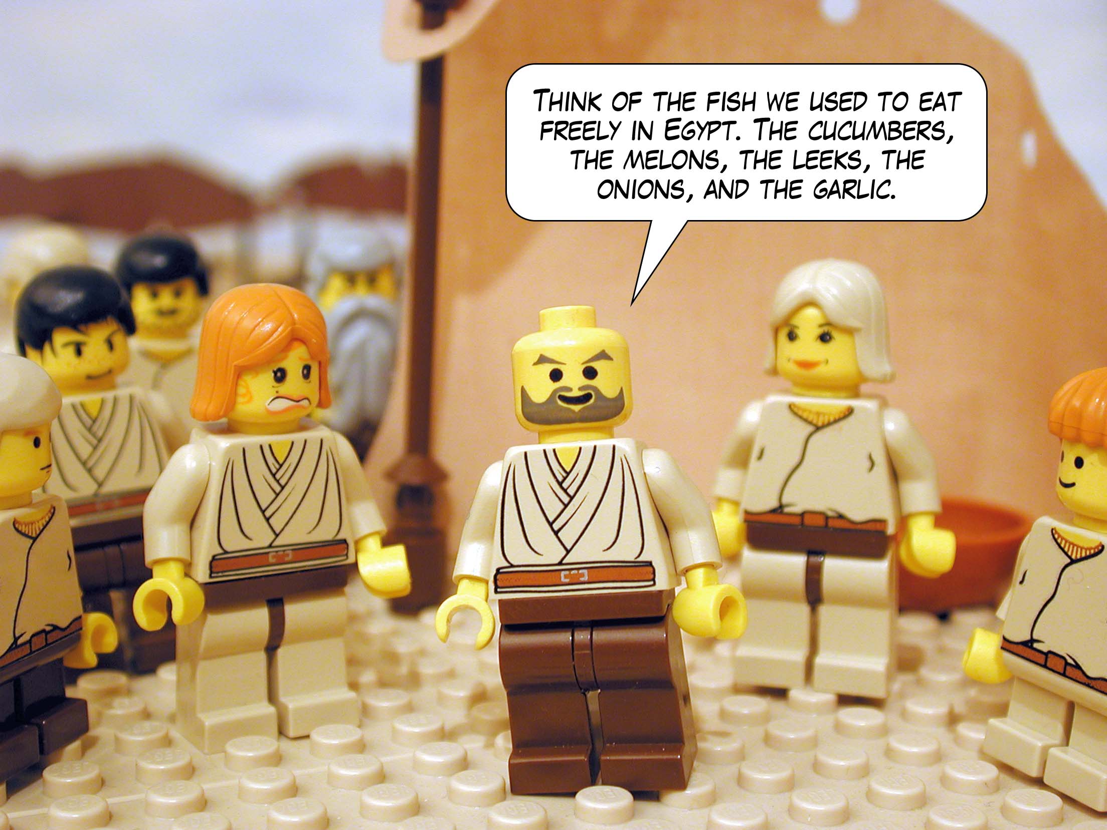 'Think of the fish we used to eat freely in Egypt. The cucumbers, the melons, the leeks, the onions, and the garlic.'