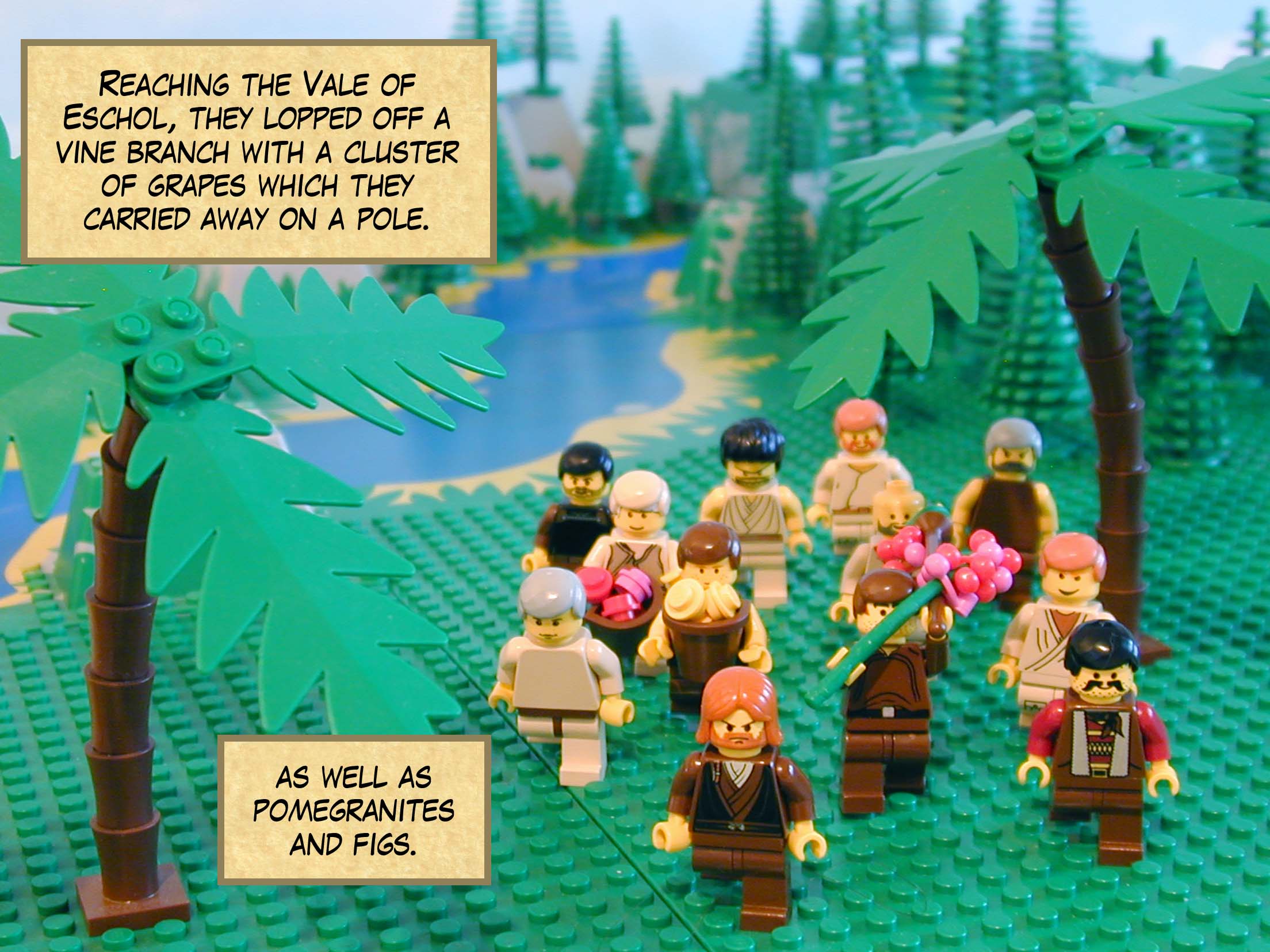 Reaching the Vale of Eschol, there they lopped off a vine branch with a cluster of grapes which they carried away on a pole, as well as pomegranites and figs.