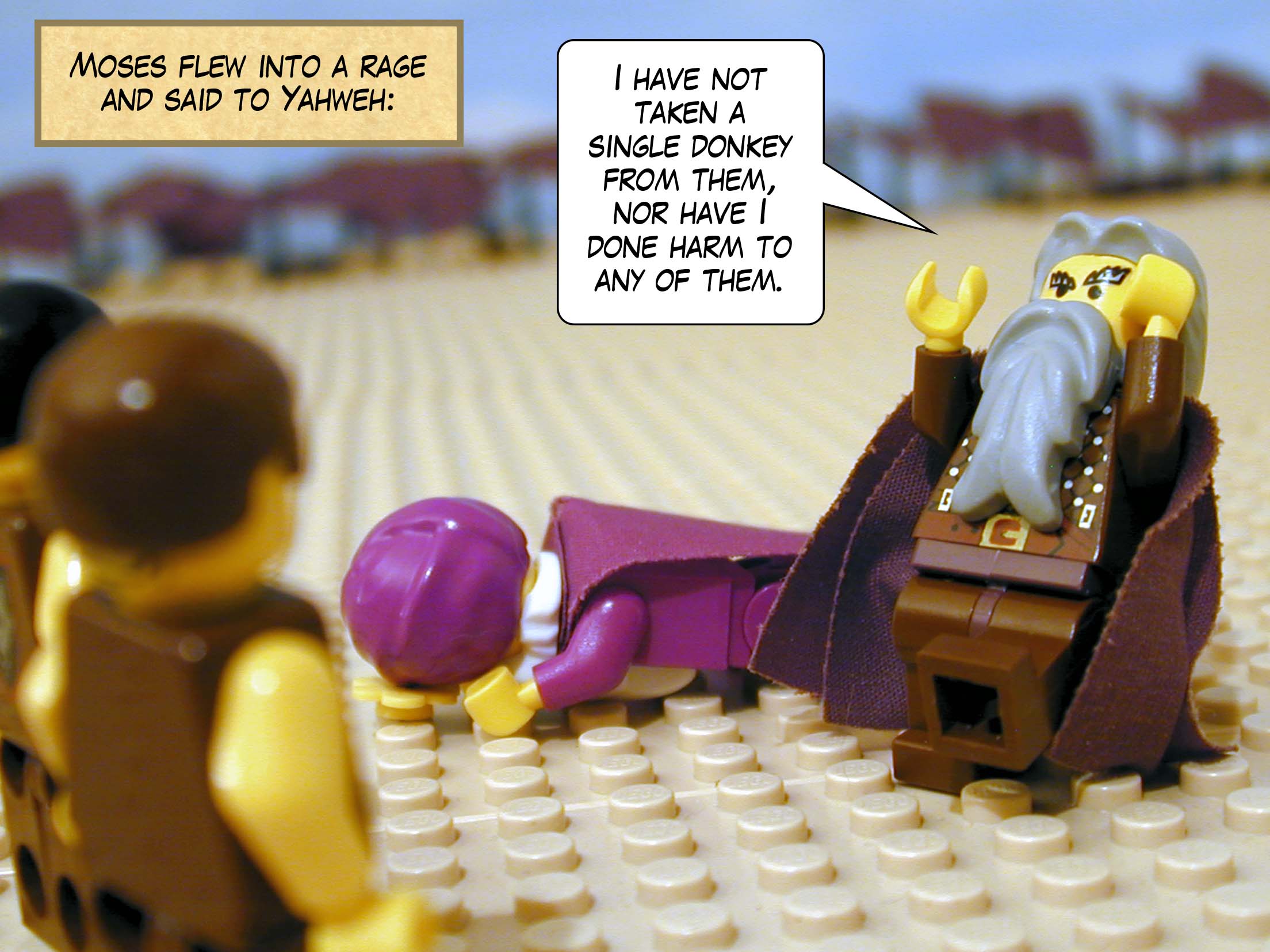 Moses flew into a rage and said to Yahweh, 'I have not taken a single donkey from them, nor have I done harm to any of them.'