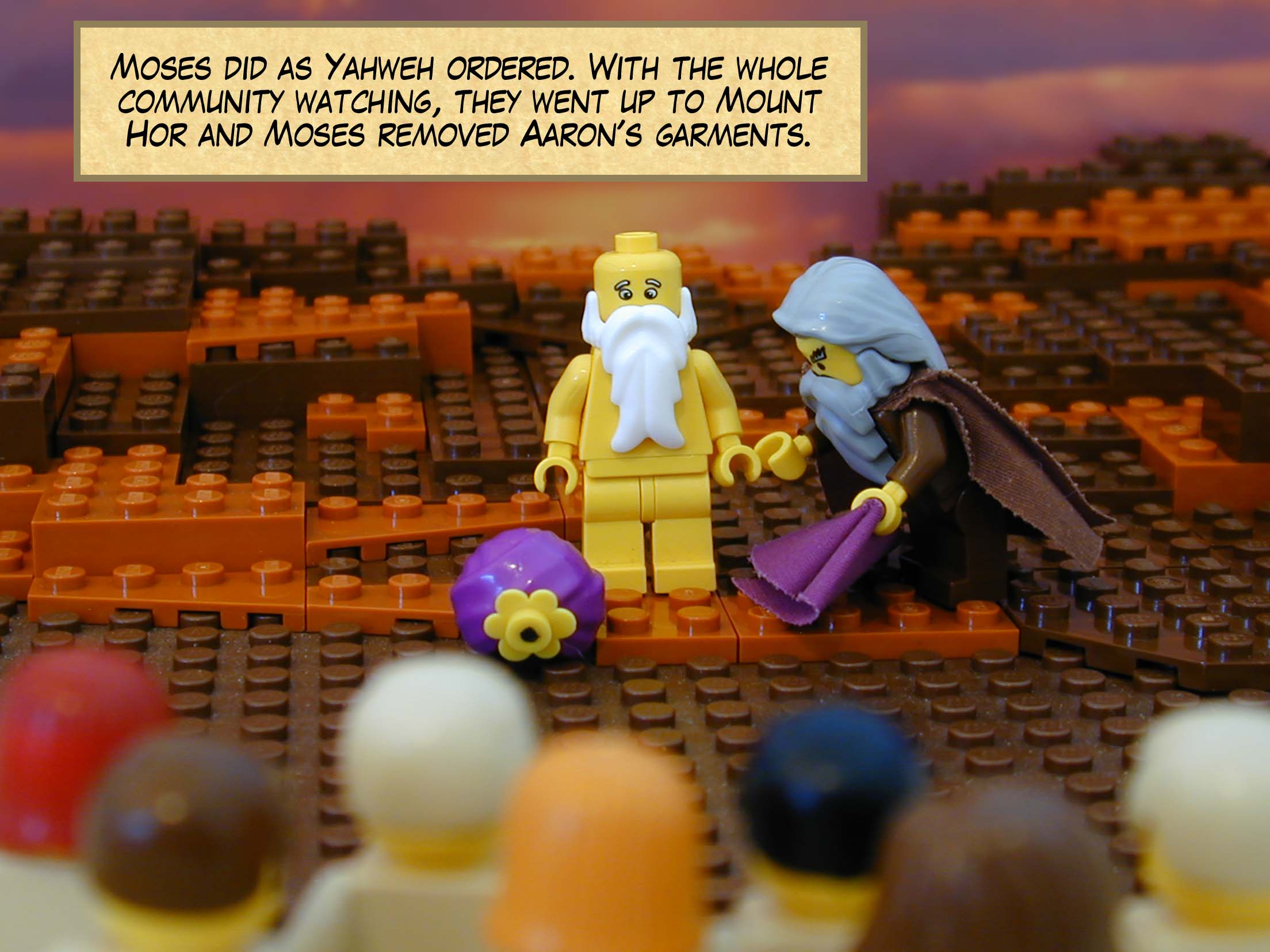 Moses did as Yahweh ordered. With the whole community watching, they went up to Mount Hor and Moses removed Aaron's garments.