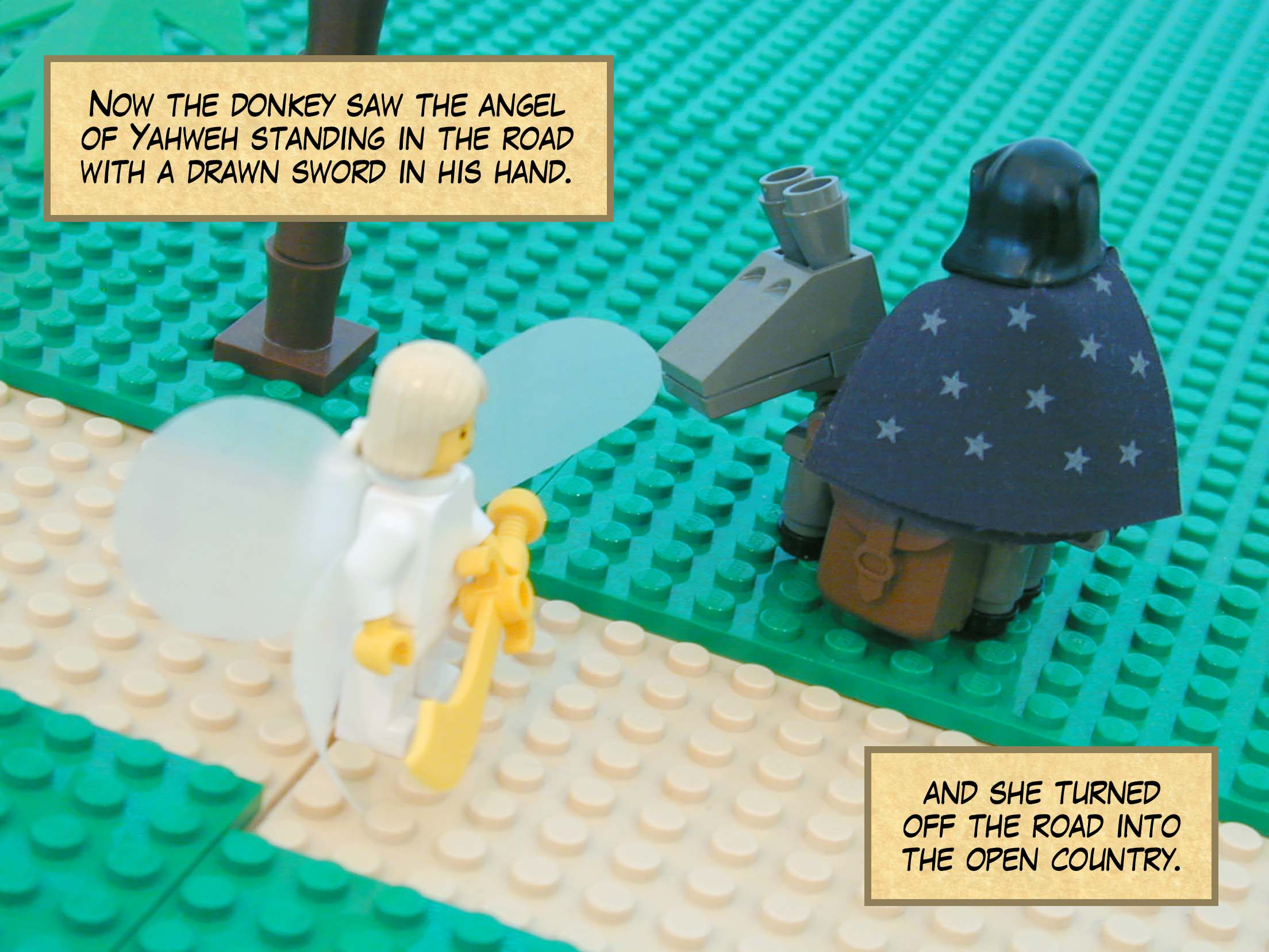 Now the donkey saw the angel of Yahweh standing in the road with a drawn sword in his hand, and she turned off the road into the open country.