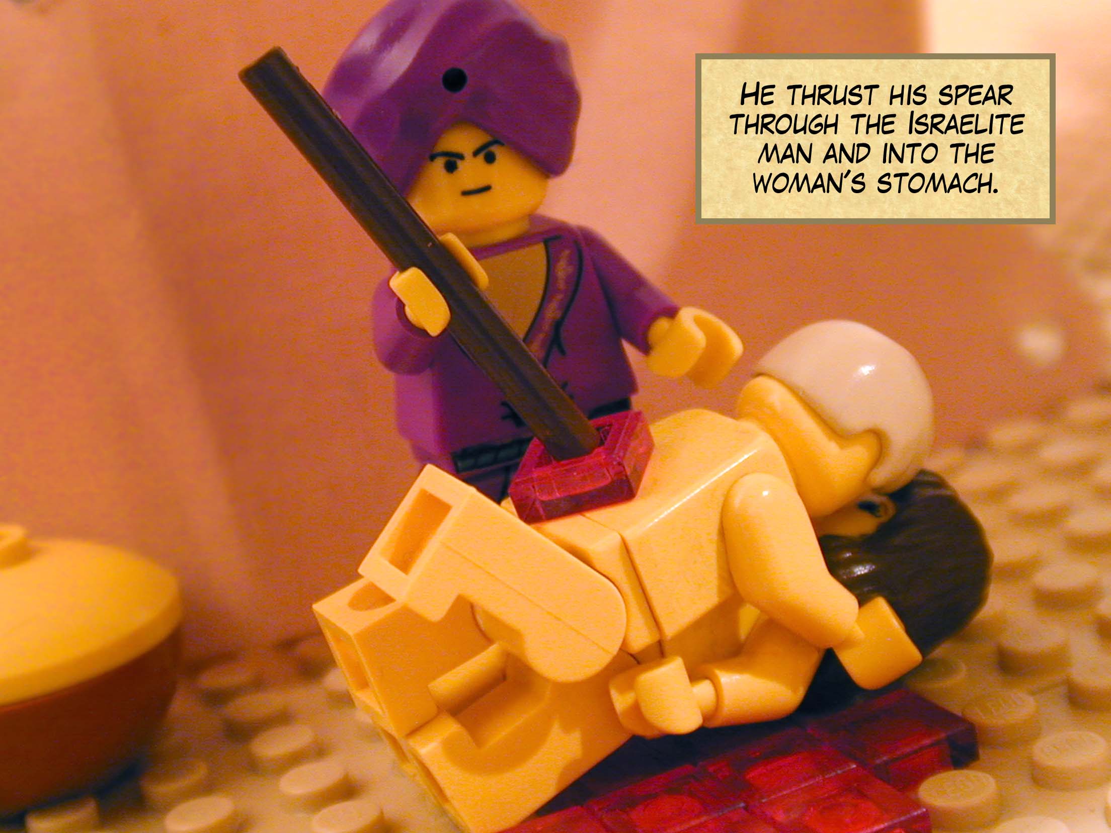 He thrust his spear through the Israelite man and into the woman's stomach.