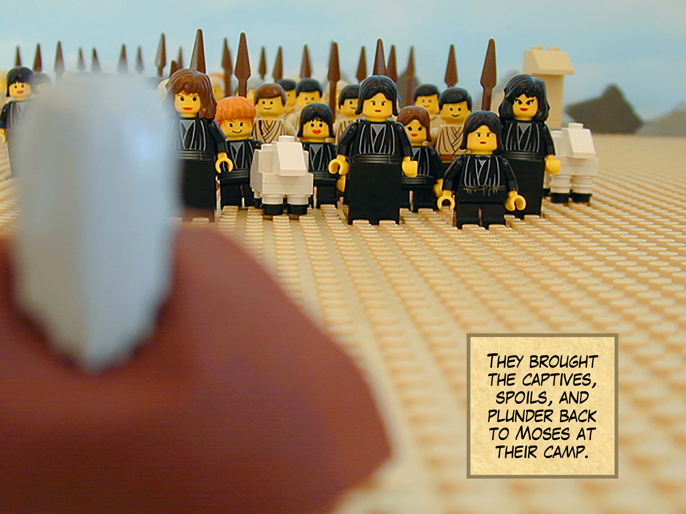 They brought the captives, spoils, and plunder back to Moses at their camp.