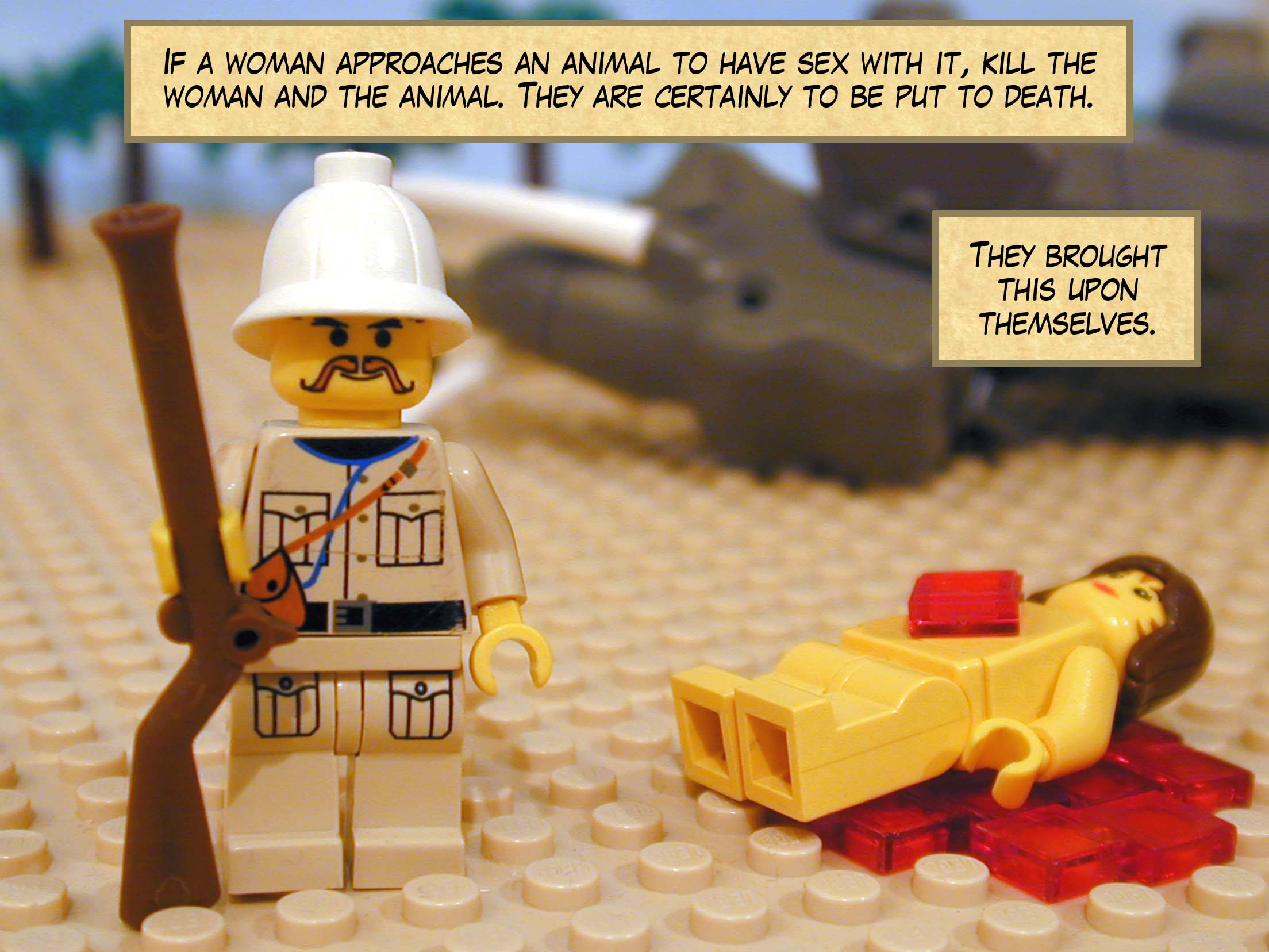 'If a woman approaches an animal to have sex with it, kill the woman and the animal. They are certainly to be put to death. Their blood is on their own heads.'