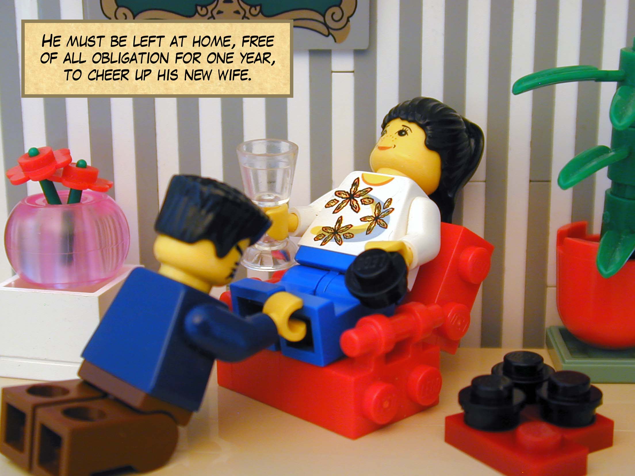 'He must be left at home, free of all obligation for one year, to cheer up his new wife.'