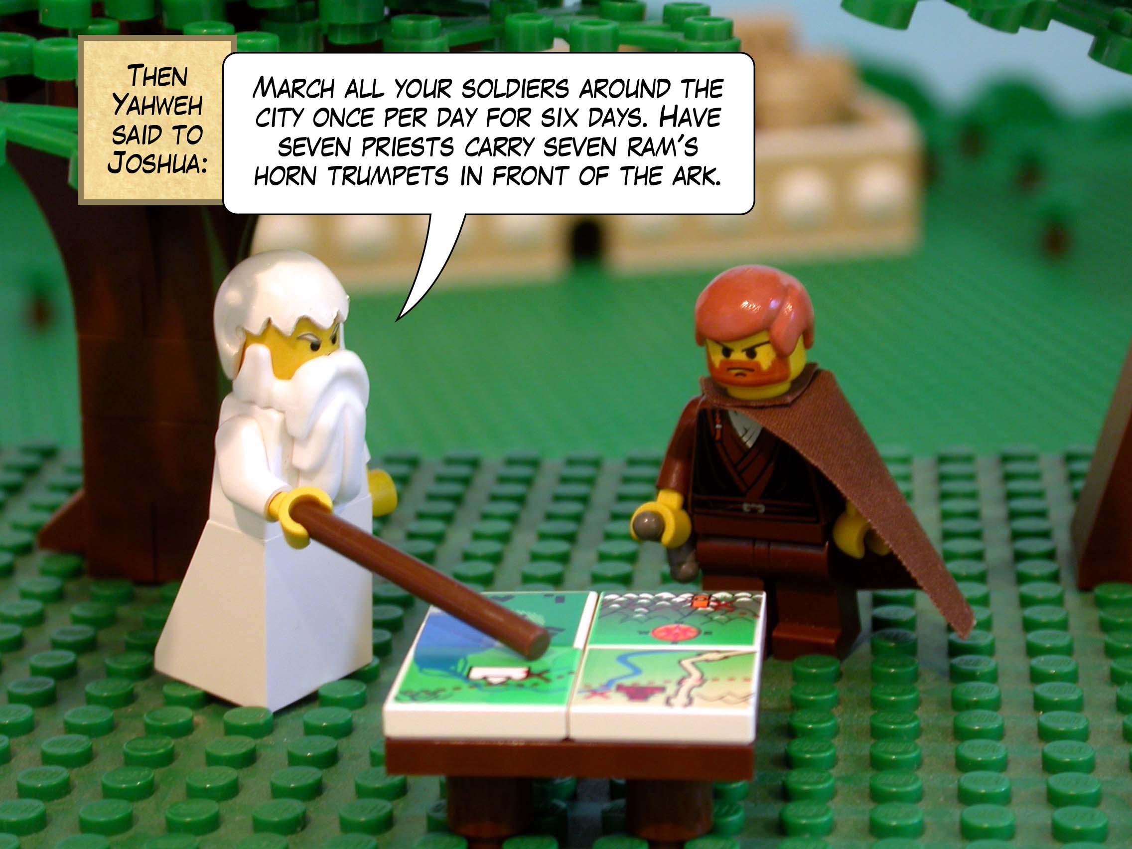 Then Yahweh said to Joshua, 'March all your soldiers around the city once per day for six days. Have seven priests carry seven ram's horn trumpets in front of the ark.'