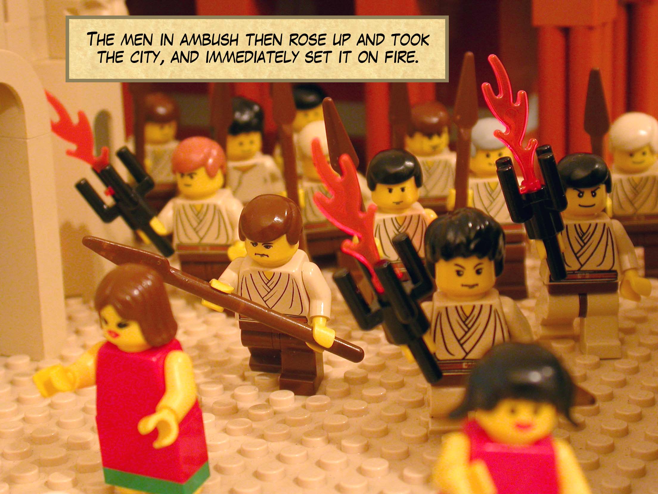 The men in ambush then rose up and took the city, and immediately set it on fire.