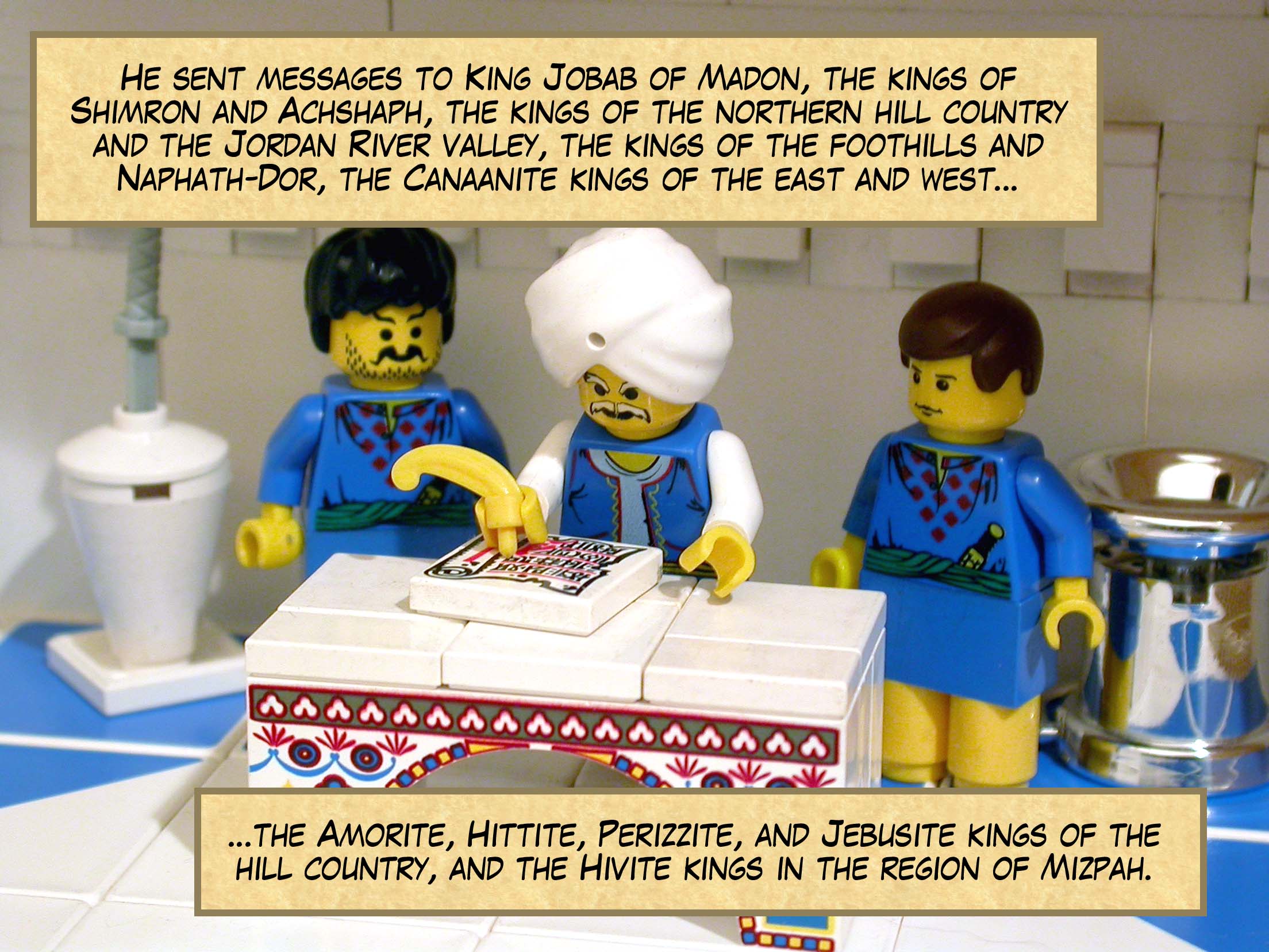 He sent messages to King Jobab of Madon, the kings of Shimron and Achshaph, the kings of the northern hill country and of the Jordan River valley, the kings of the foothills and of Naphath-Dor, the Canaanite kings of the east and the west, the Amorite, Hittite, Perizzite, and Jebusite kings of the hill country, and the Hivite kings in the region of Mizpah.