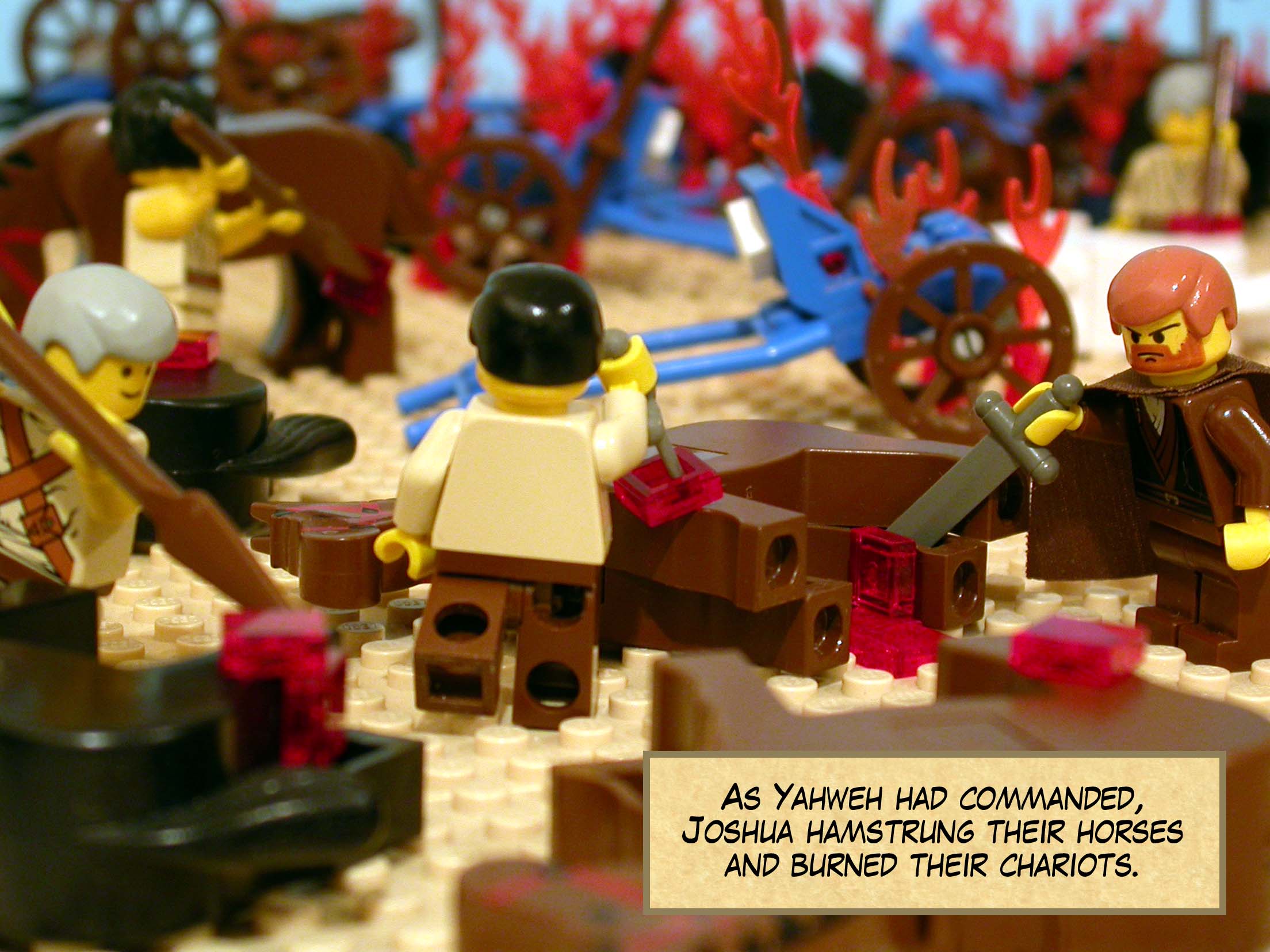 As Yahweh had commanded, Joshua hamstrung their horses and burned their chariots.