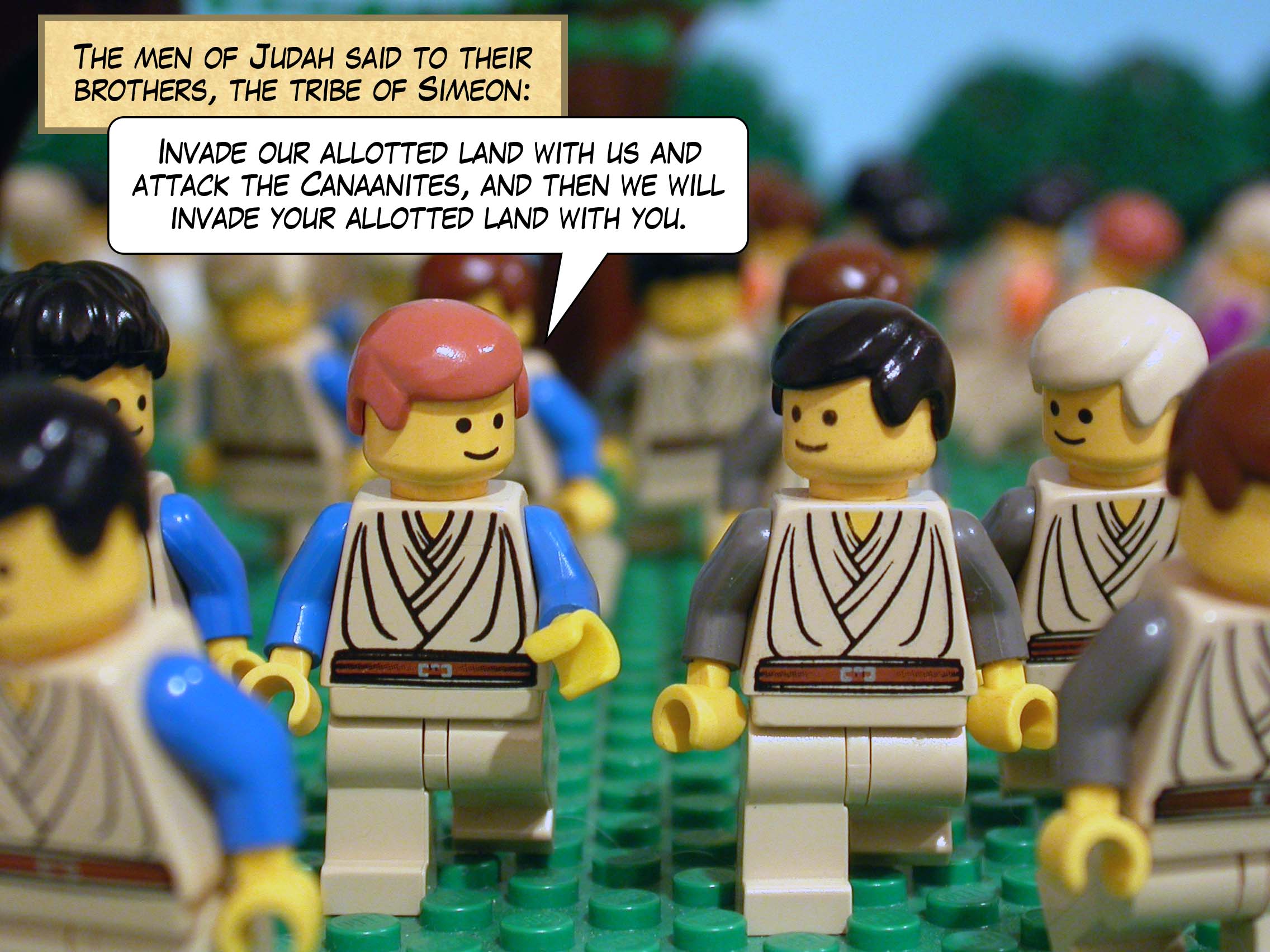 The men of Judah said to their brothers, the tribe of Simeon, 'Invade our allotted land with us and attack the Canaanites, and then we will invade your allotted land with you.'