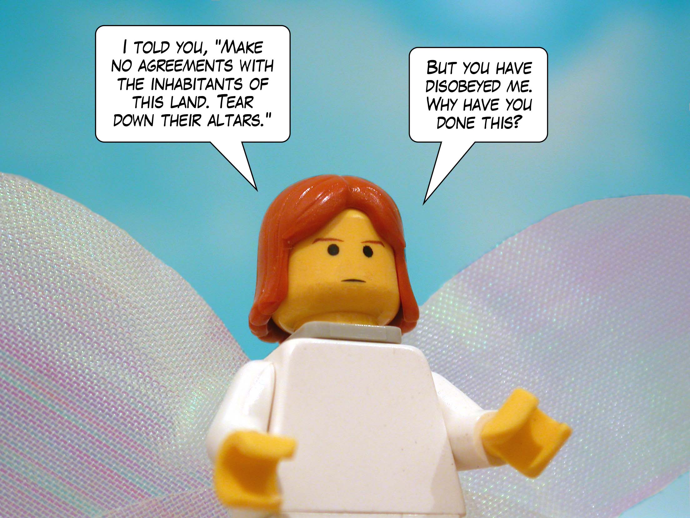 'I told you, Make no agreements with the inhabitants of this land. Tear down their altars. But you have disobeyed me. Why have you done this?'