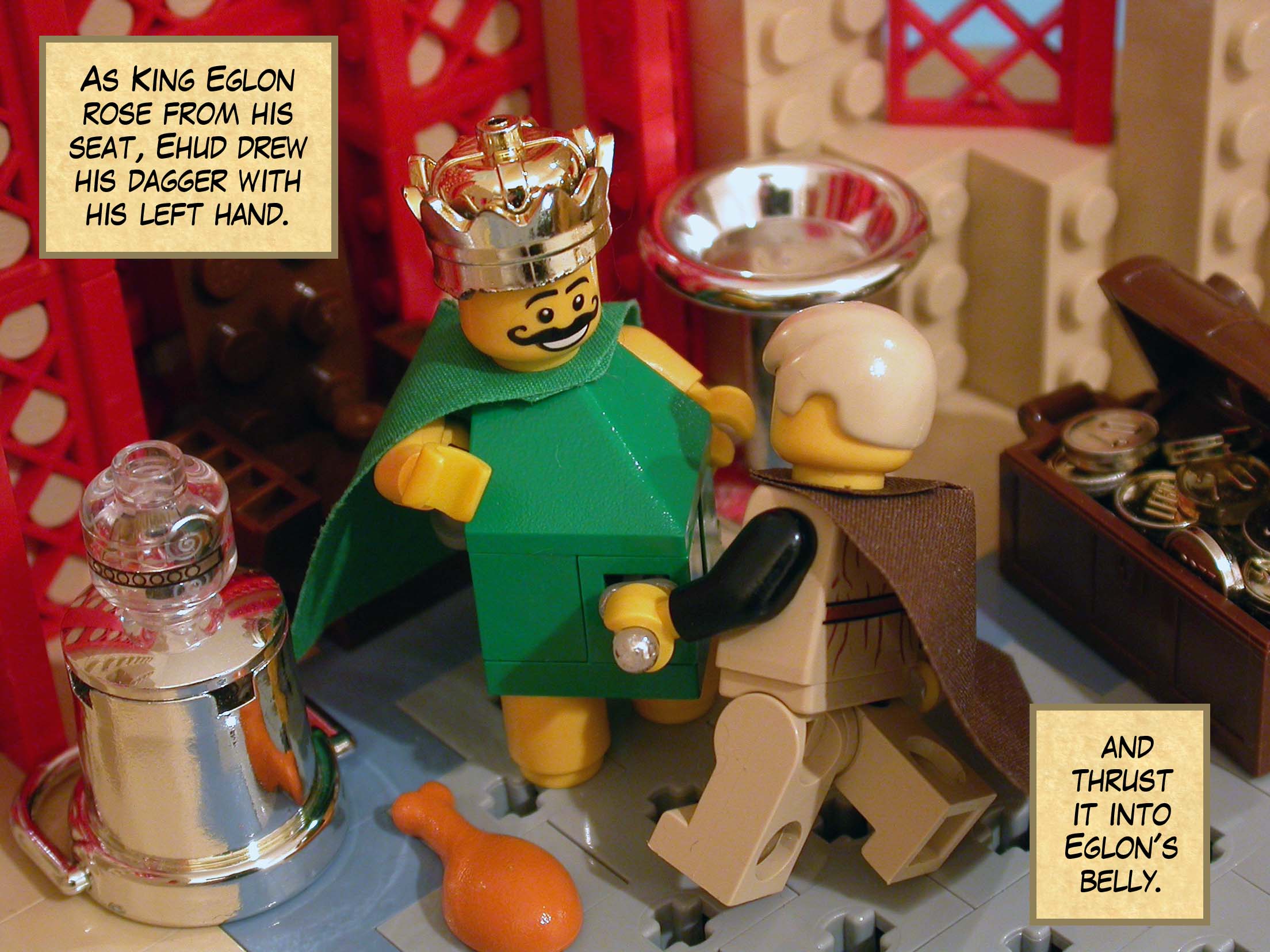 As King Eglon rose from his seat, Ehud drew his dagger with his left hand and thrust it into Eglon's belly.