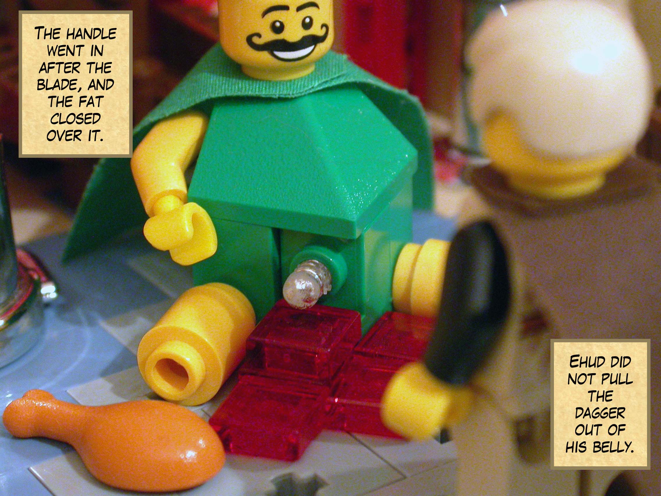 The handle went in after the blade, and the fat closed over it. Ehud did not pull the dagger out of his belly.