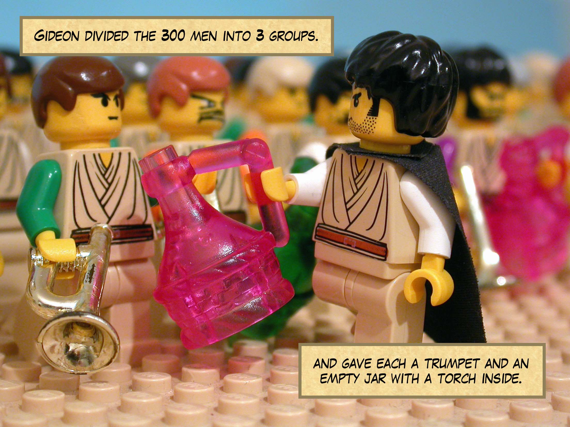 Gideon divided the three hundred men into three groups, giving each a trumpet and an empty jar with a torch inside.
