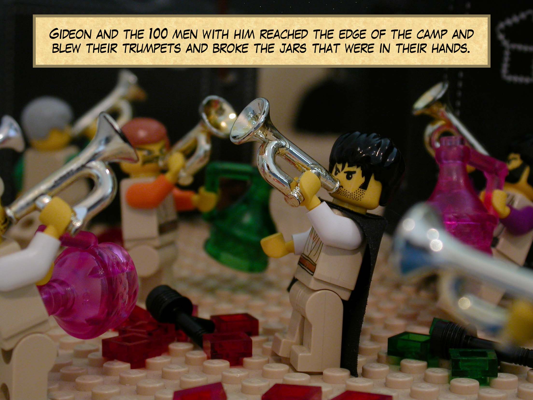 Gideon and the hundred men with him reached the edge of the camp. They blew their trumpets and broke the jars that were in their hands.
