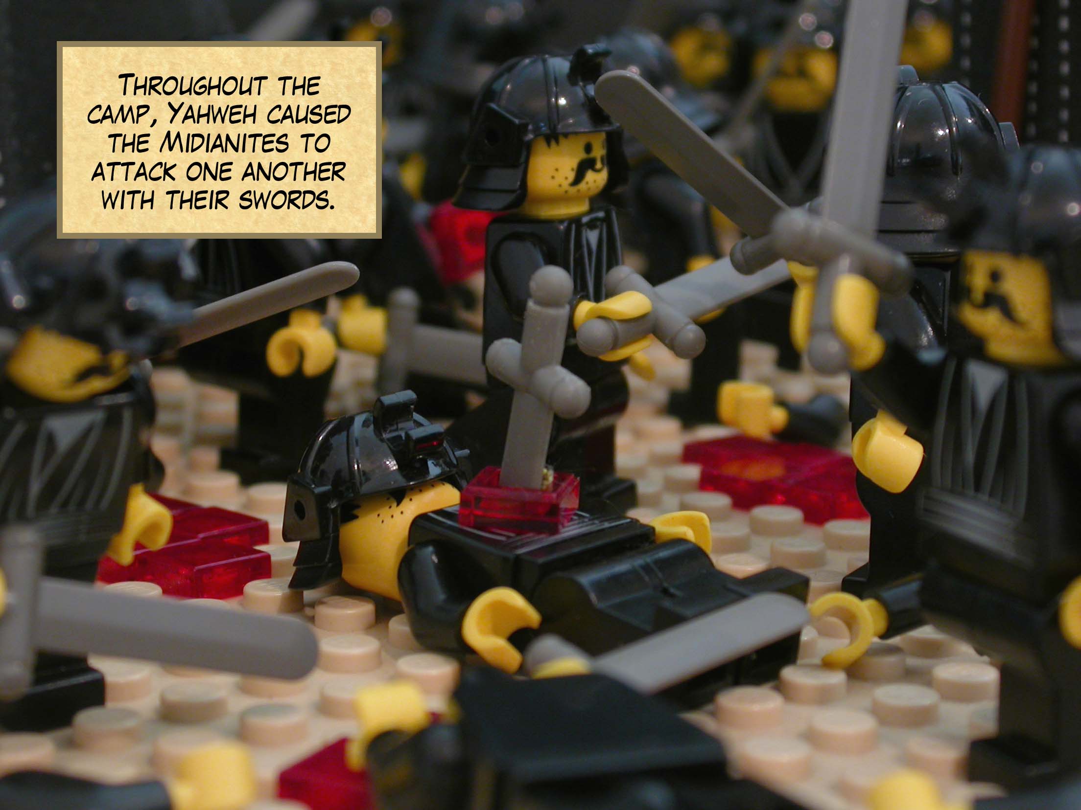 Throughout the camp, Yahweh caused the Midianites to attack one another with their swords.