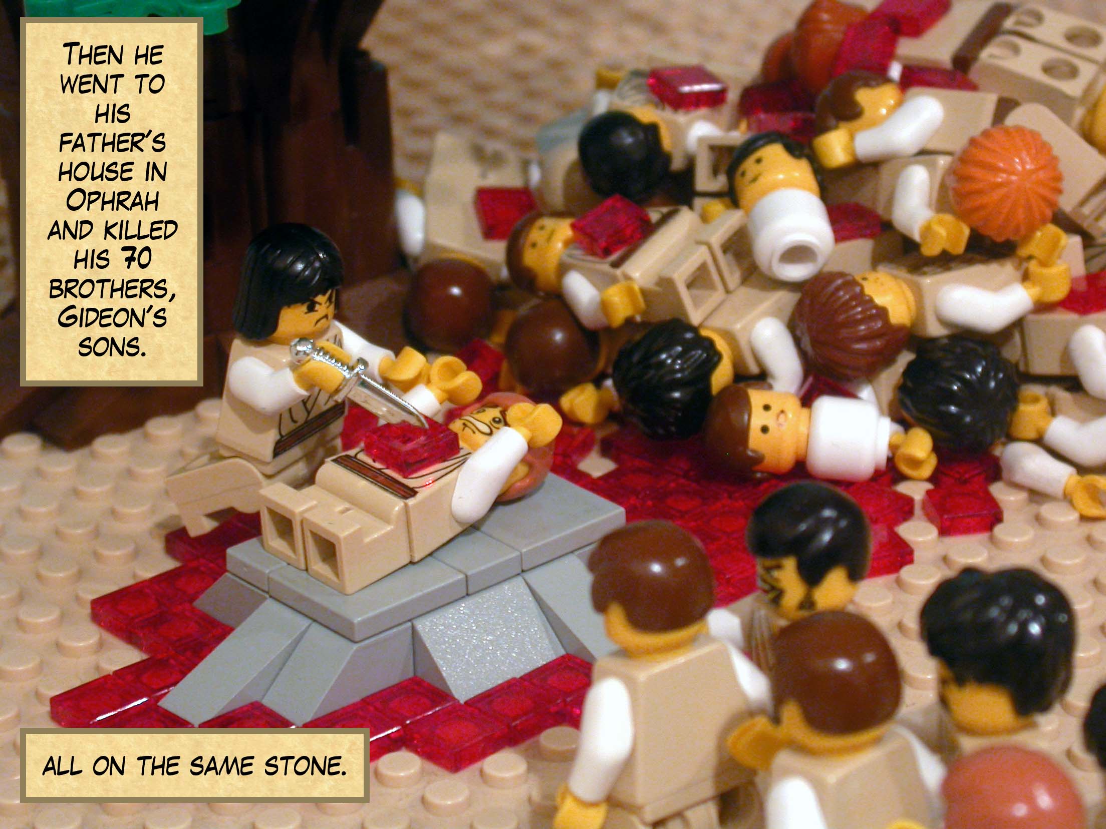 Then he went to his father's house in Ophrah and killed his seventy brothers, Gideon's sons, all on the same stone.