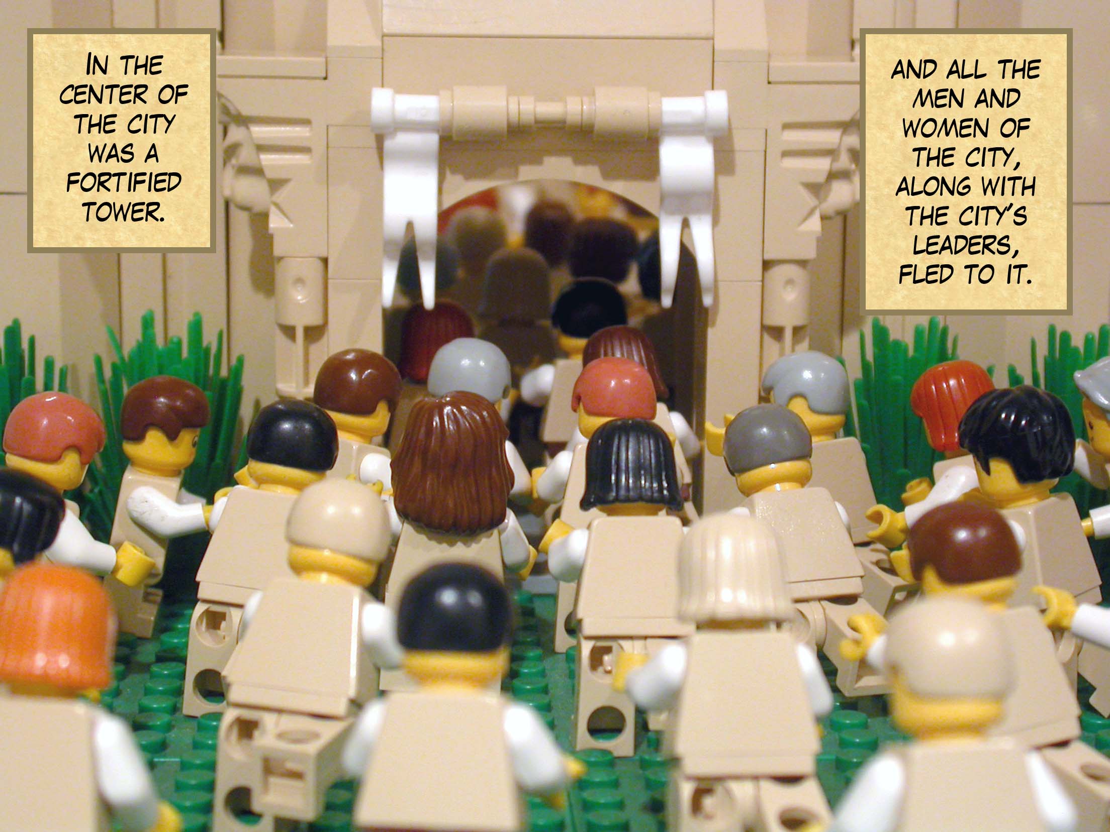 In the center of the city was a fortified tower, and all the men and women of the city, along with the city's leaders, fled to it.