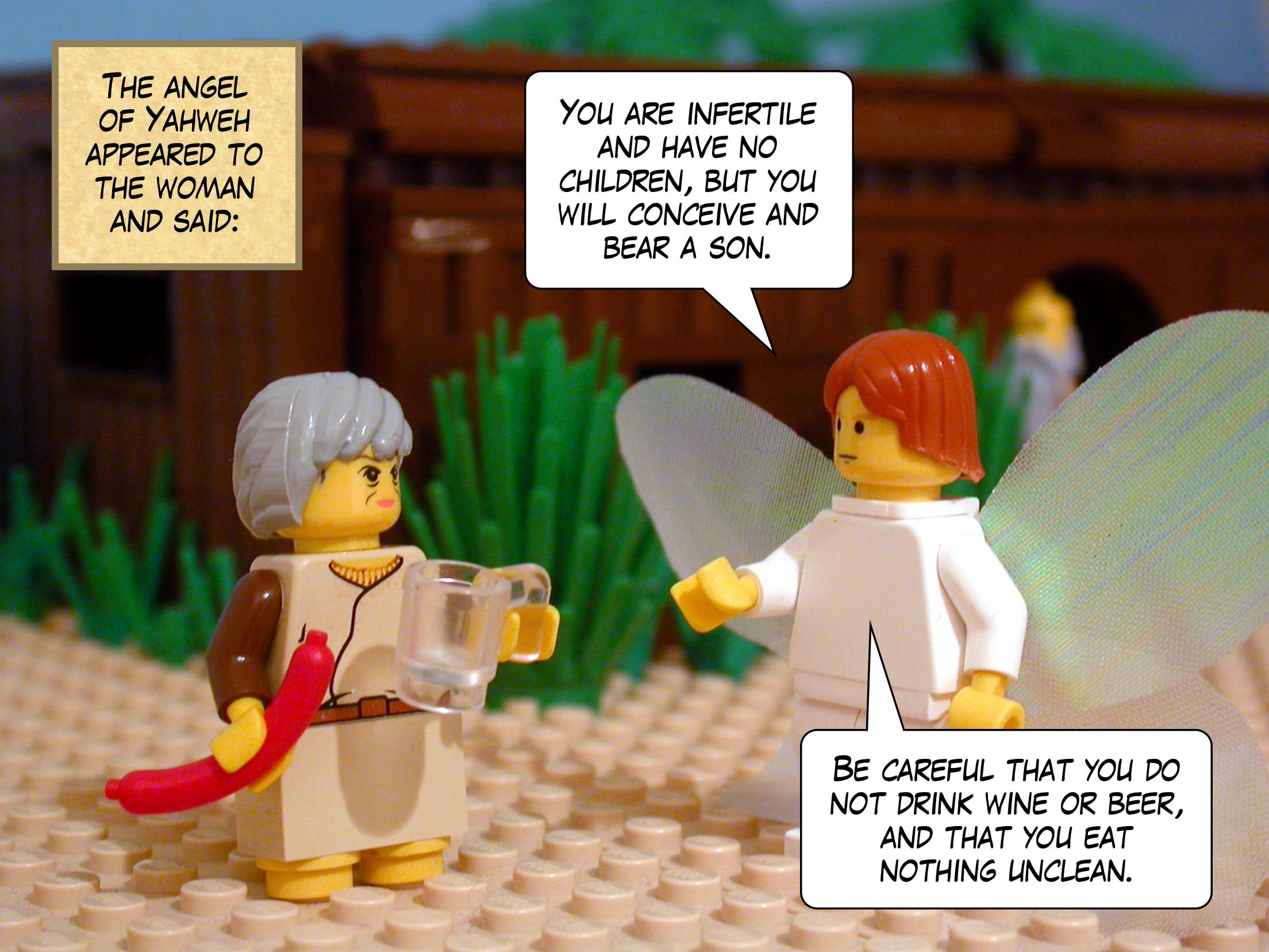 The angel of Yahweh appeared to the woman and said, 'You are infertile and have no children, but you will conceive and bear a son. Be careful that you do not drink wine or beer, and that you eat nothing unclean.'