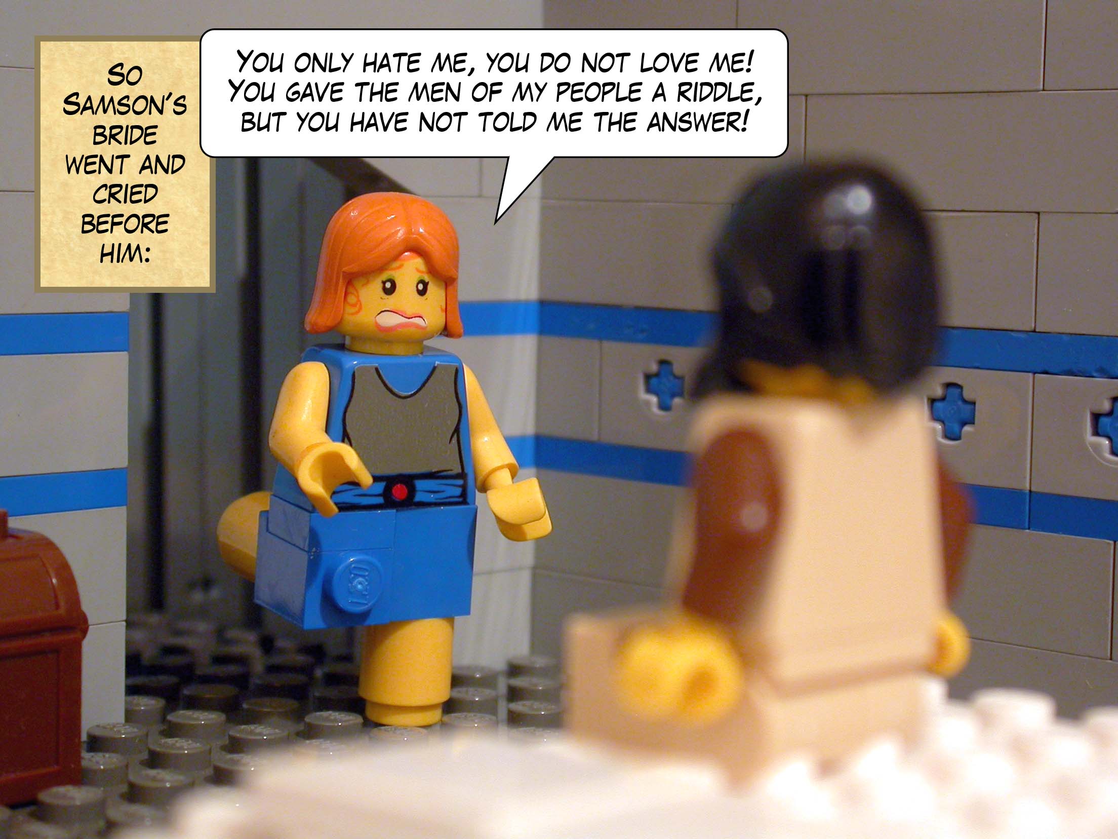 So Samson's bride went and cried before him, 'You only hate me, you do not love me! You gave the men of my people a riddle, but you have not told me the answer!'