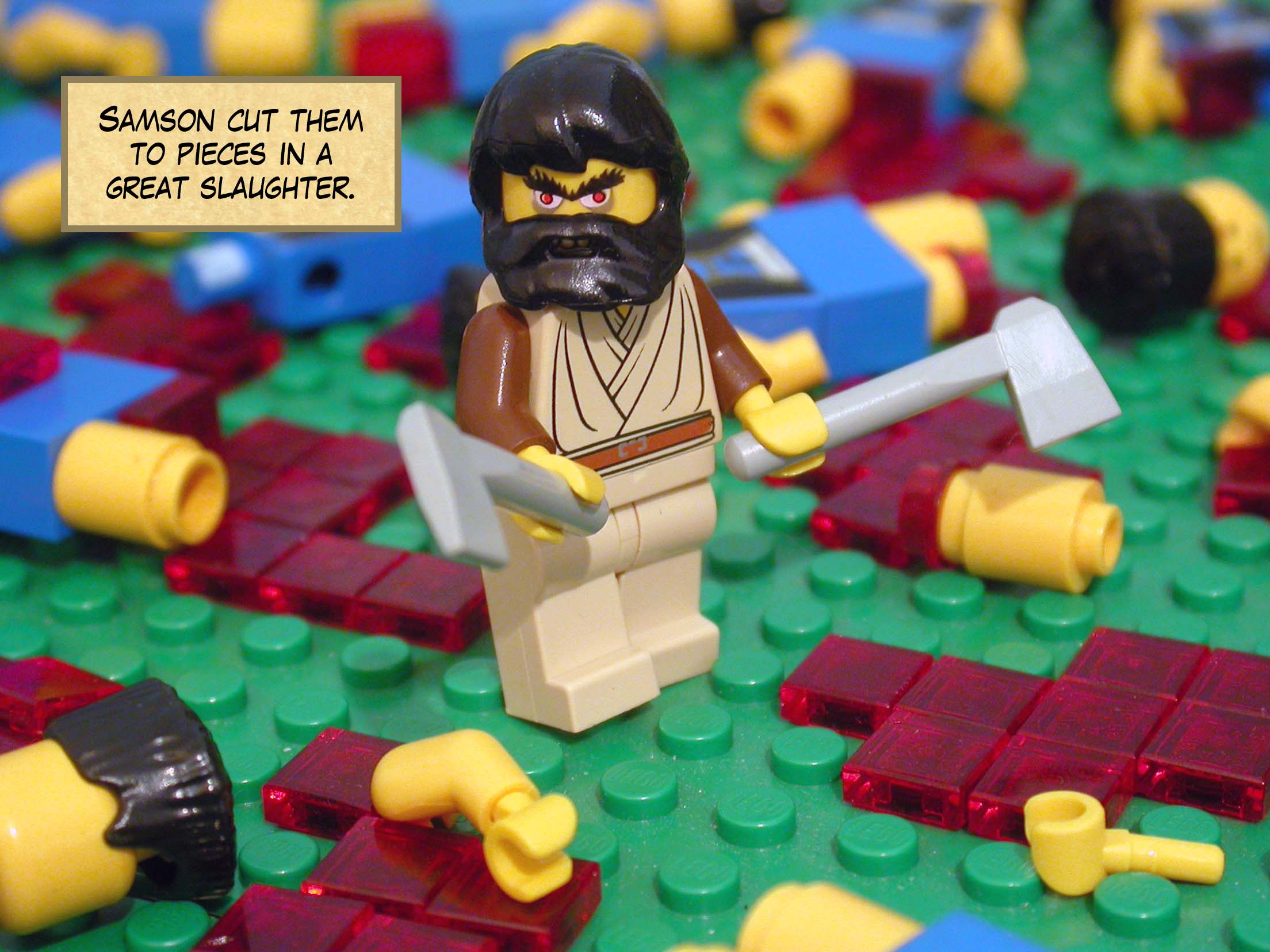 Samson cut them to pieces in a great slaughter.