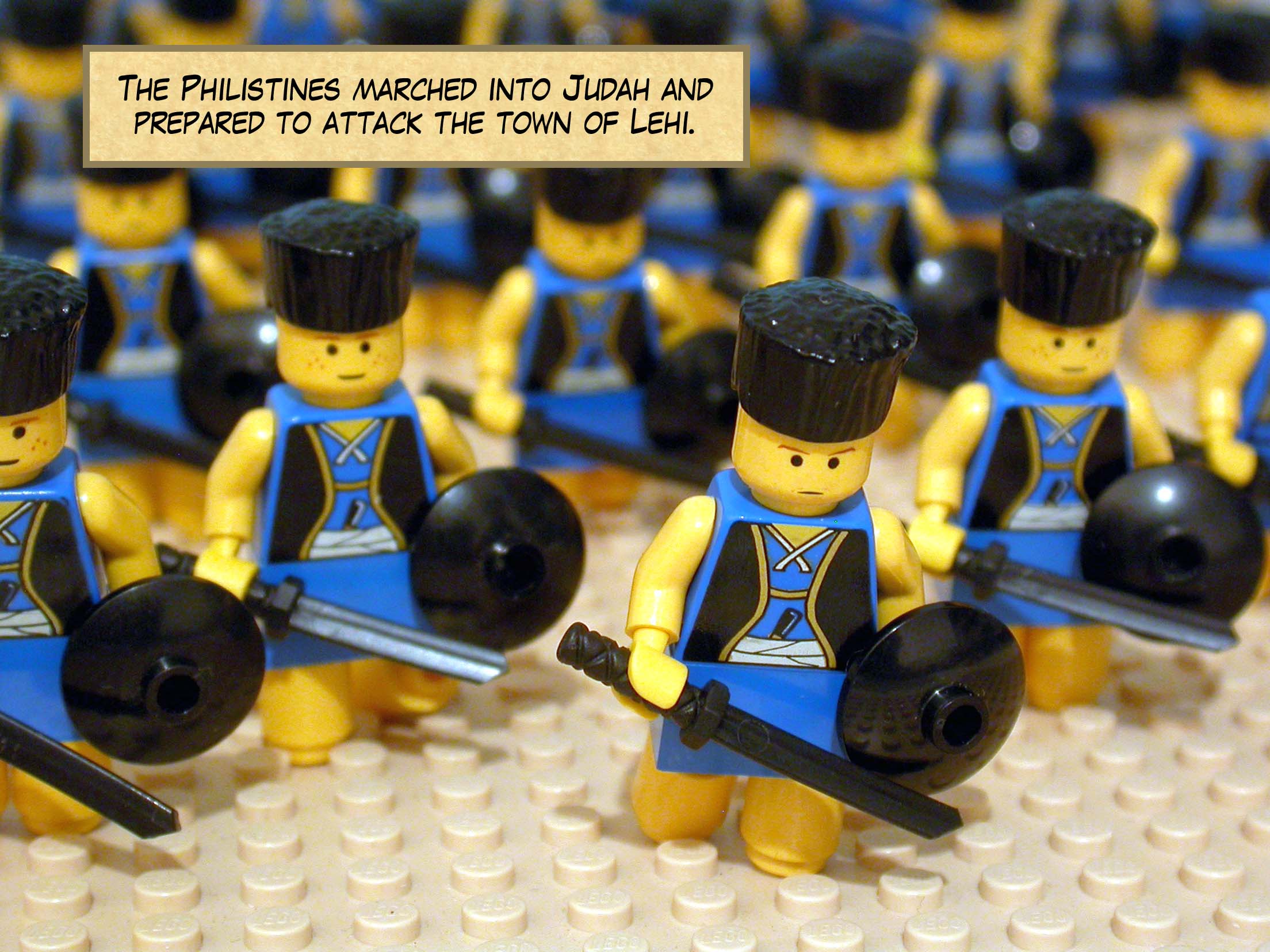 The Philistines marched into Judah and prepared to attack the town of Lehi.