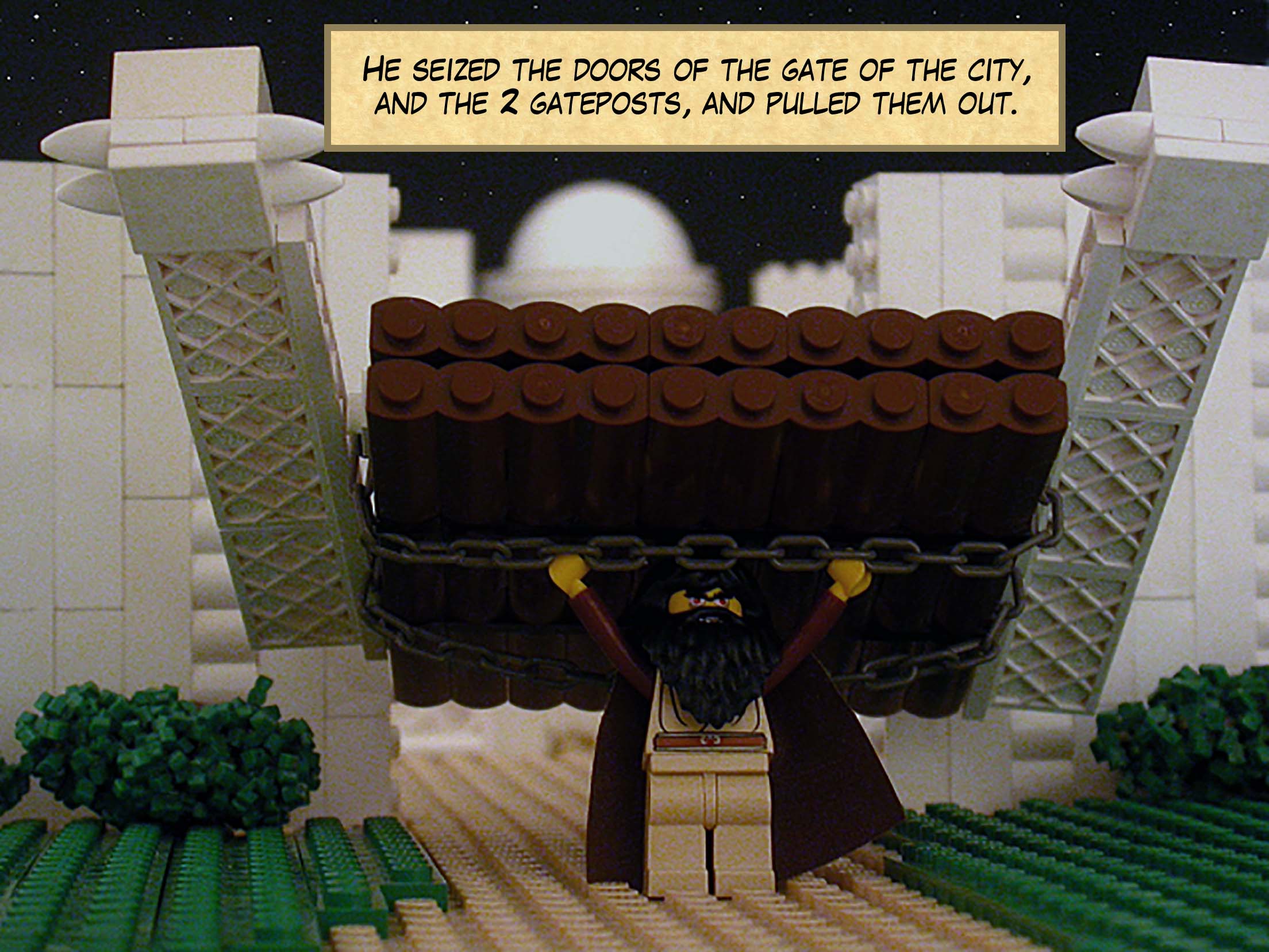He seized the doors of the gate of the city, and the two gateposts, and pulled them out.