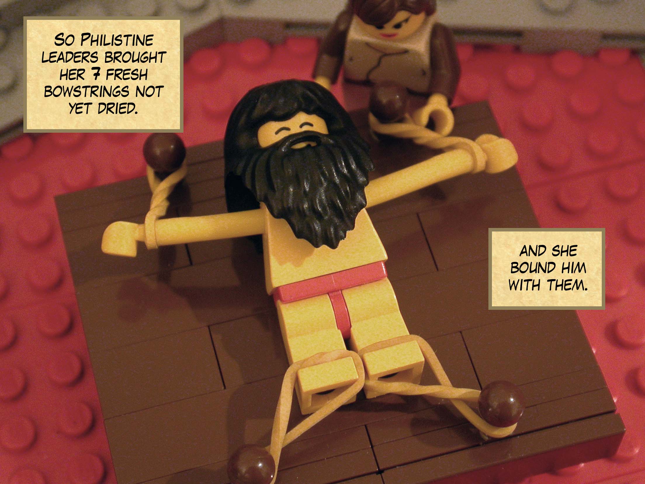 So Philistine leaders brought her seven fresh bowstrings not yet dried, and she bound him with them.