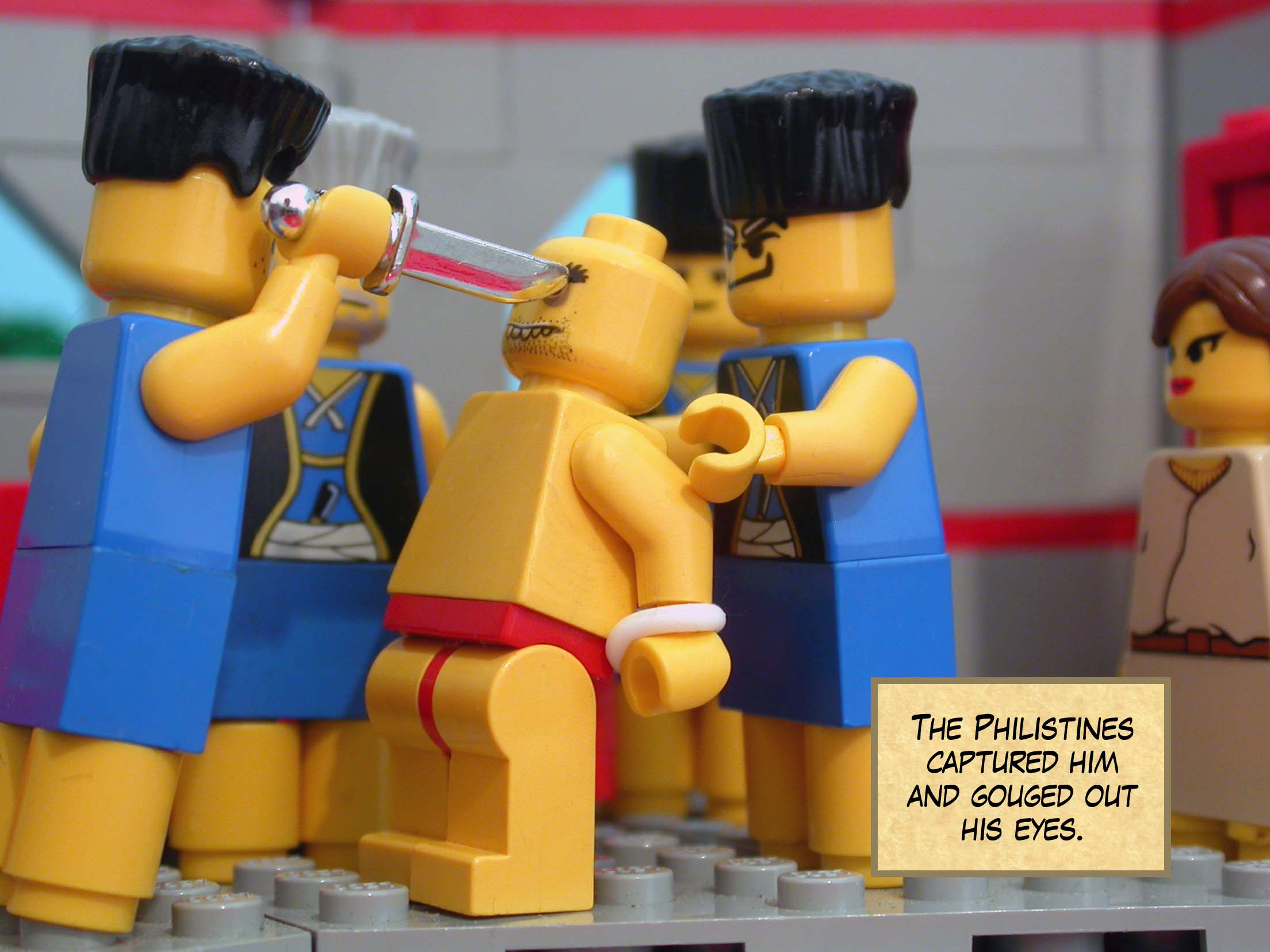 The Philistines captured him and gouged out his eyes.