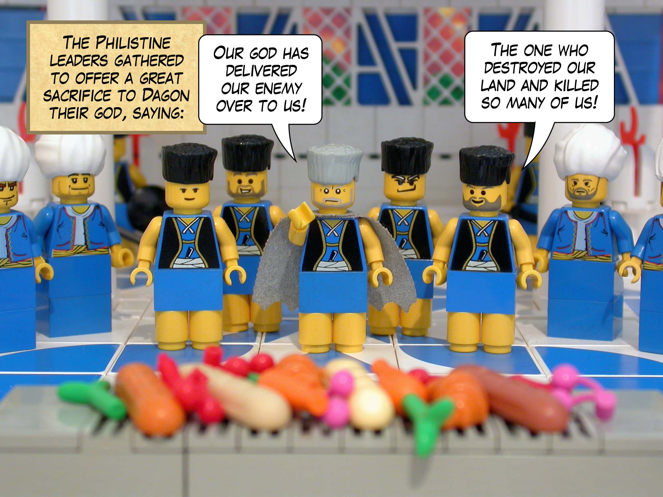 The Philistine leaders gathered to offer a great sacrifice to Dagon their god, saying, 'Our god has delivered our enemy over to us! The one who destroyed our land and killed so many of us!'