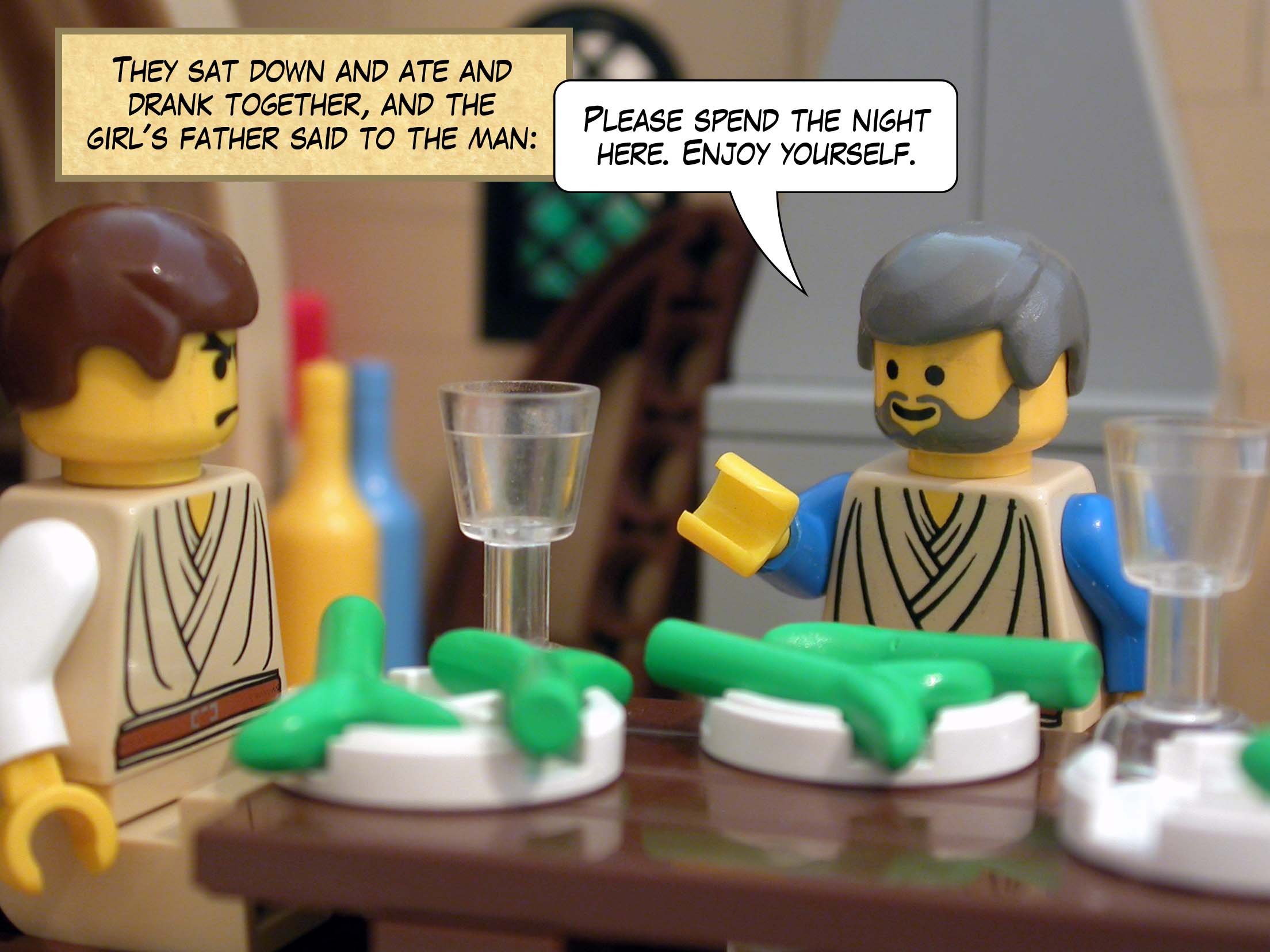 They sat down and ate and drank together, and the girl's father said to the man, 'Please spend the night here. Enjoy yourself.'