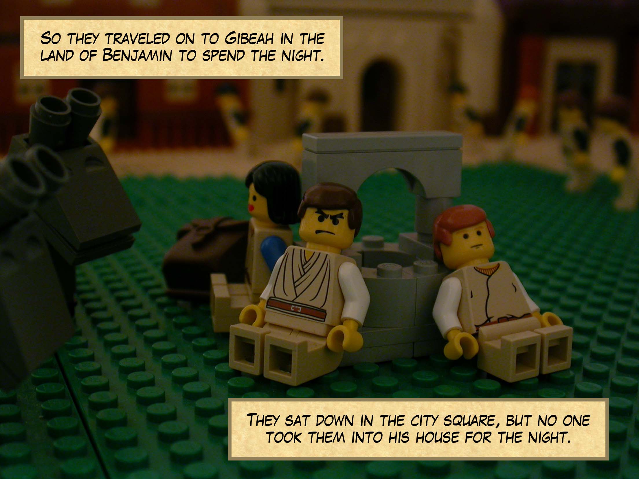 So they traveled on to Gibeah in the land of Benjamin to spend the night. They sat down in the city square, but no one took them into his house for the night.